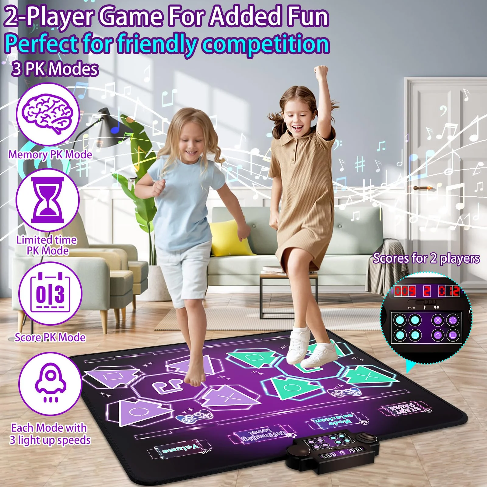 Joyvalley Kids Dance Mat Toys - 2-Player Dance Pad Gifts for Girls Boys Toddlers 3 4 5 6 7 8 9 + Year Old Electronic Dancing Mat Floor Games Toy with Music Light Christmas Birthday Gift (Purple) - Image 8