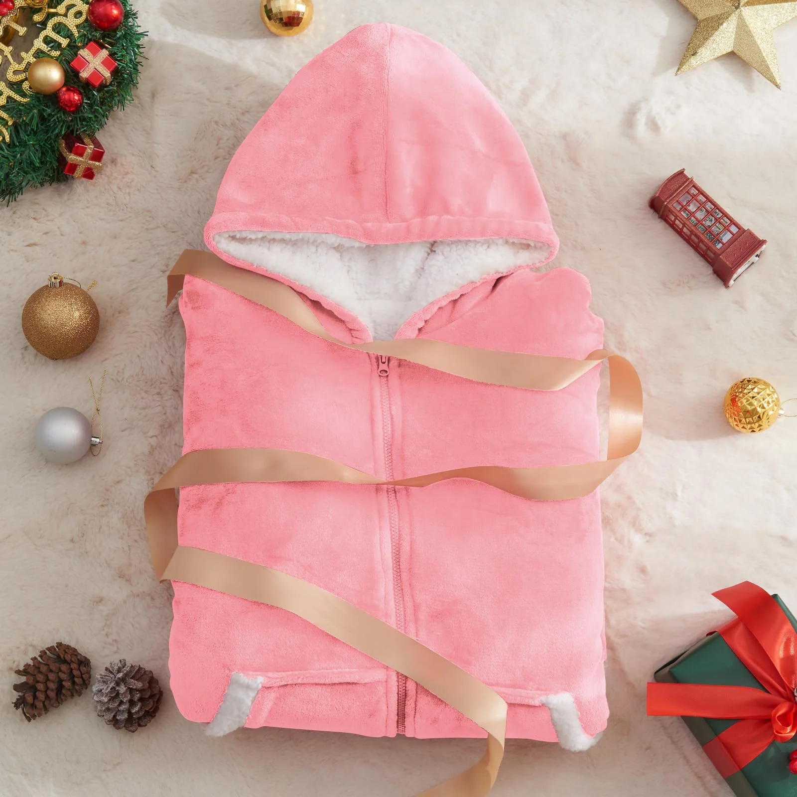 JOYWOO Pink Wearable Blanket Hoodie, Oversized Birthday Gifts for Girlfriend, Hooded Blanket Christmas Gifts for Girls Women, Cozy Fuzzy Sherpa Sweatshirt Blanket with Giant Pocket and Zipper, Pink - Image 7