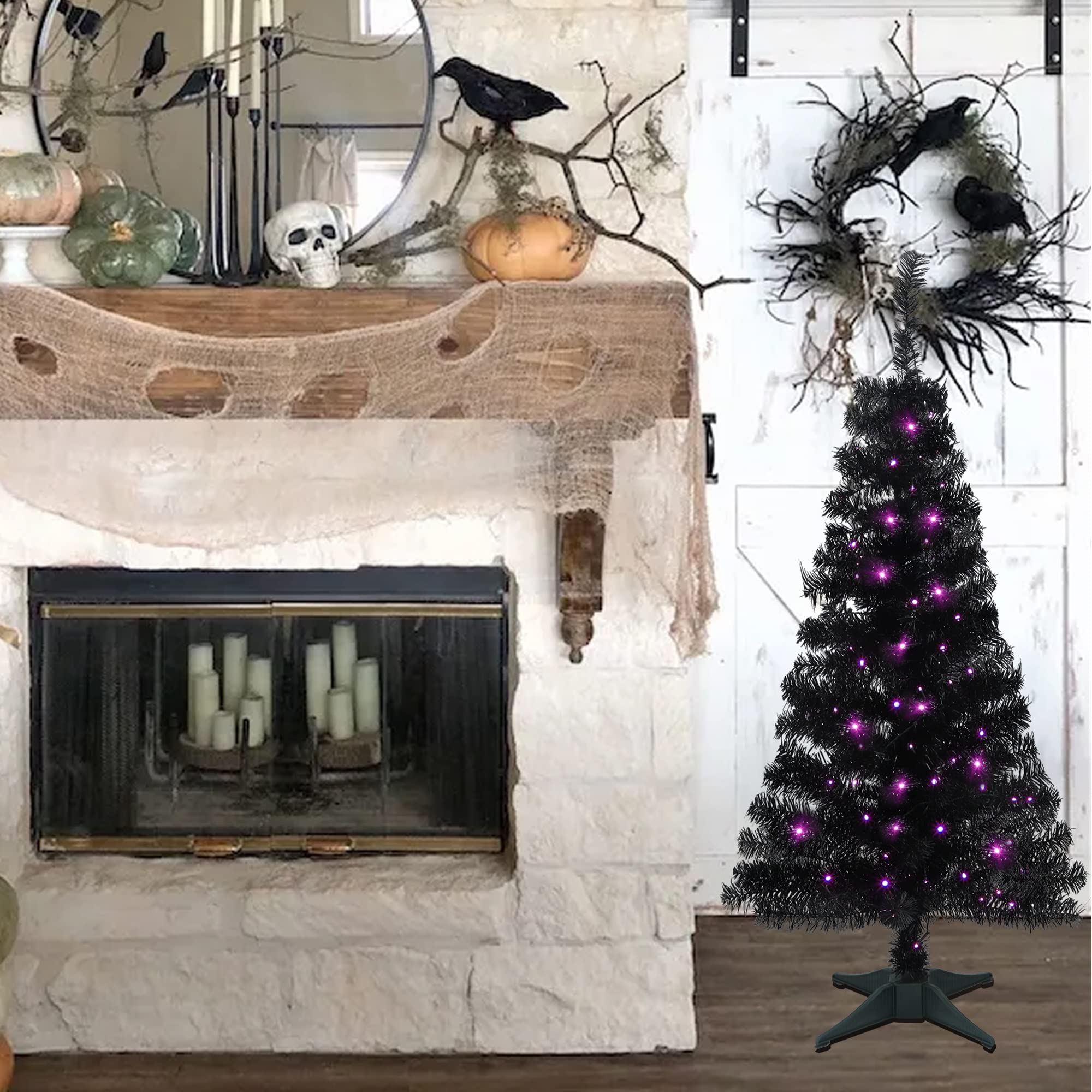 Juegoal Lighted Artificial Halloween Black Christmas Tree, 4FT Black Tinsel Pine Tree with 70 LED Purple Lights, 8 Modes & Timer for Home Party Decorations - Image 2