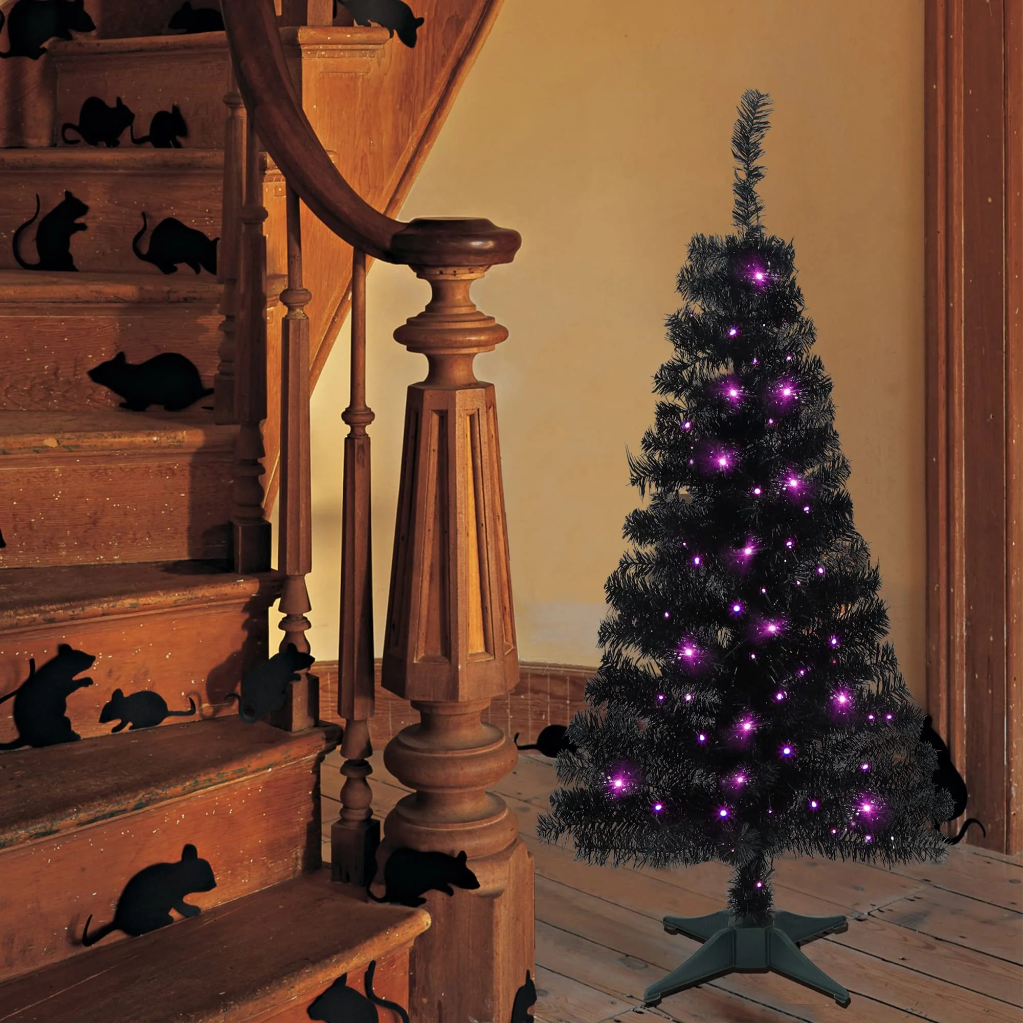 Juegoal Lighted Artificial Halloween Black Christmas Tree, 4FT Black Tinsel Pine Tree with 70 LED Purple Lights, 8 Modes & Timer for Home Party Decorations - Image 4