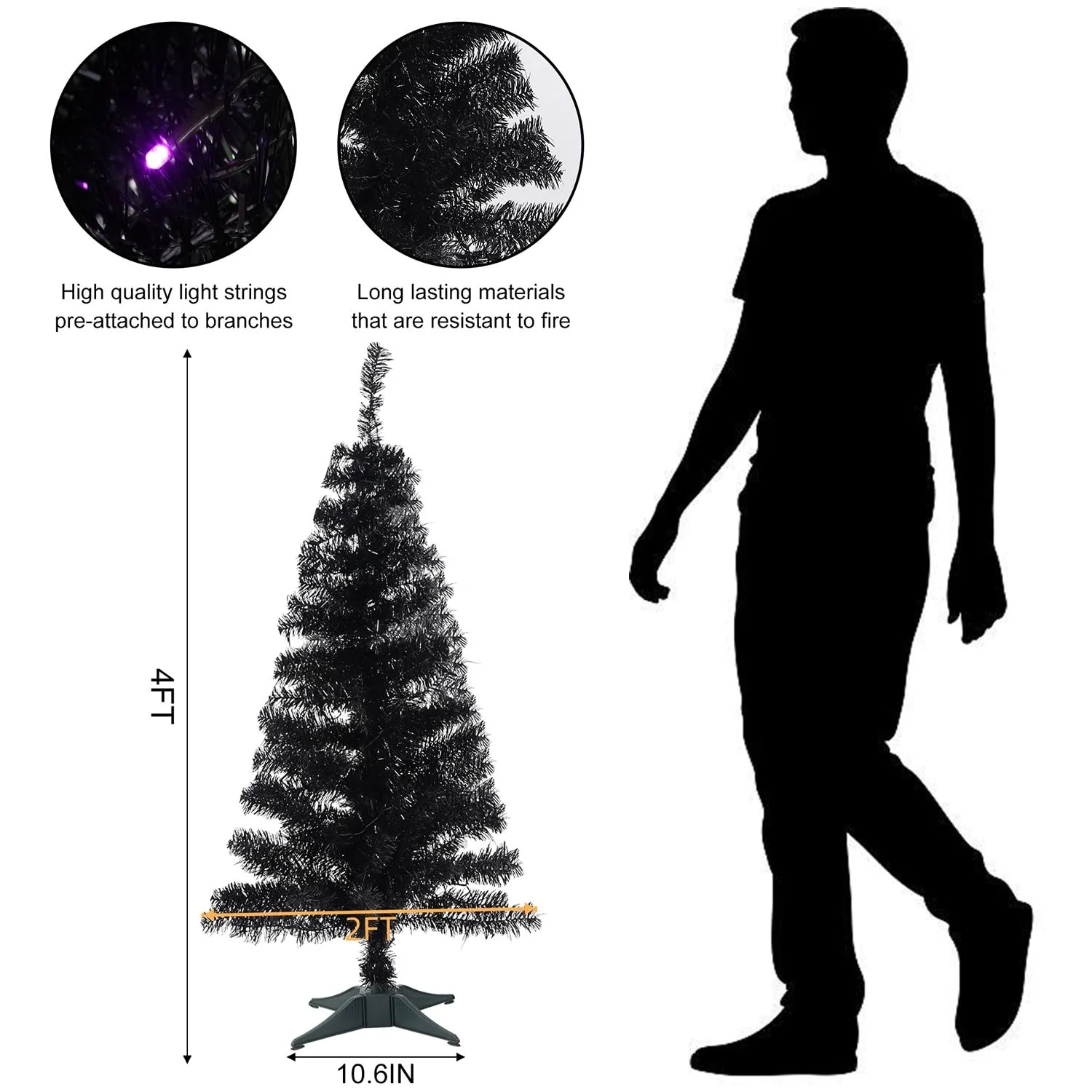 Juegoal Lighted Artificial Halloween Black Christmas Tree, 4FT Black Tinsel Pine Tree with 70 LED Purple Lights, 8 Modes & Timer for Home Party Decorations - Image 6