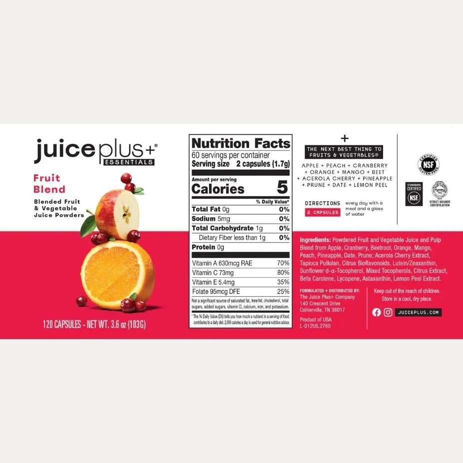 JuicePlus+ Fruit Blend: Plant-Based Whole Food Supplement with Apple, Peach, Cranberry, & More! - Vegan, Gluten-Free, Non-GMO, Kosher - Packed with Plant-Based Vitamins - 1 Bottle (60 Servings) - Image 2