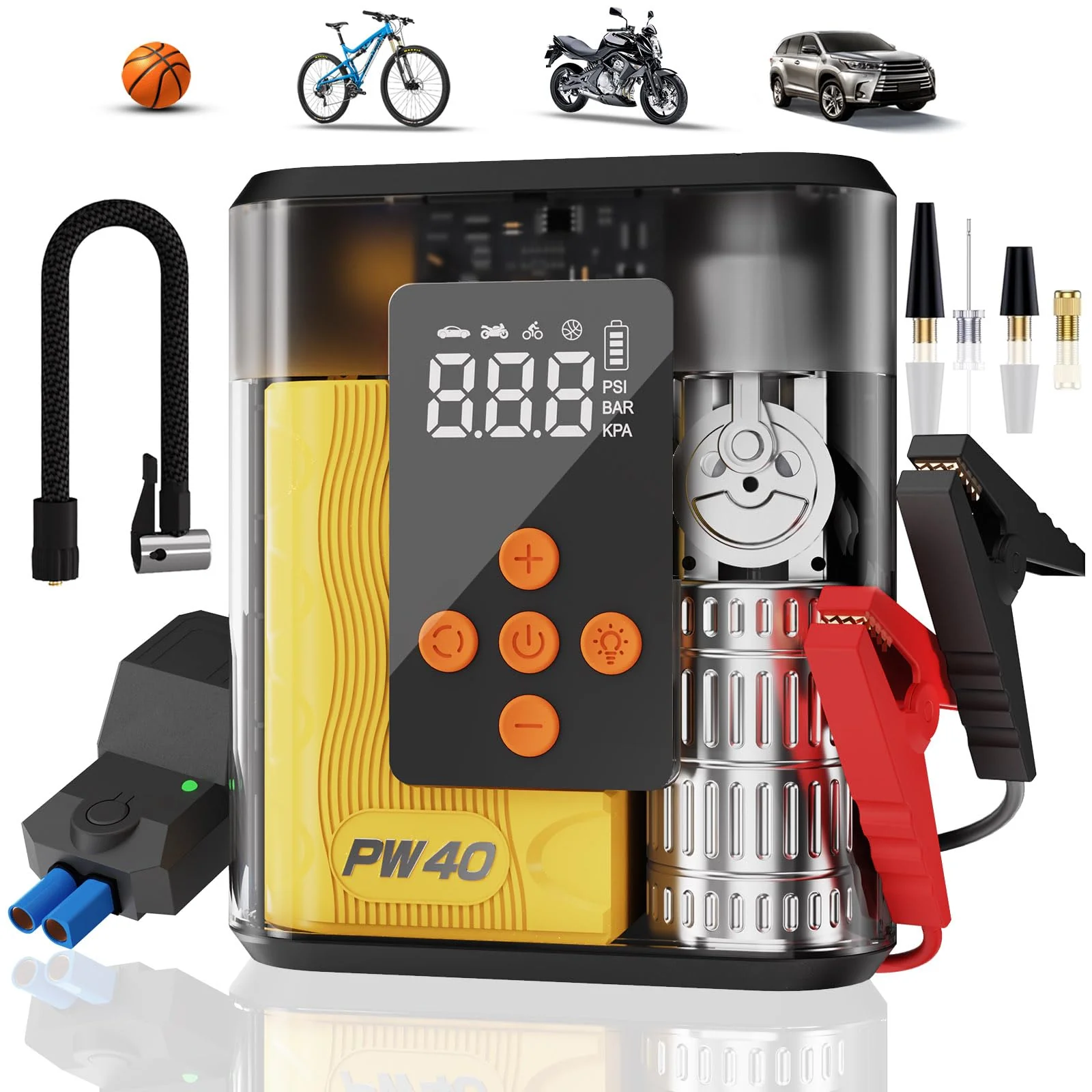 Jump Starter with Air Compressor, 4000A Peak Car Battery Charger, 200 PSI Tire Inflator, Heavy Duty Power Pack for Up to 9.0L Gas, 8.0L Diesel Engines, LED Light, USB Ports, Emergency Road Kit