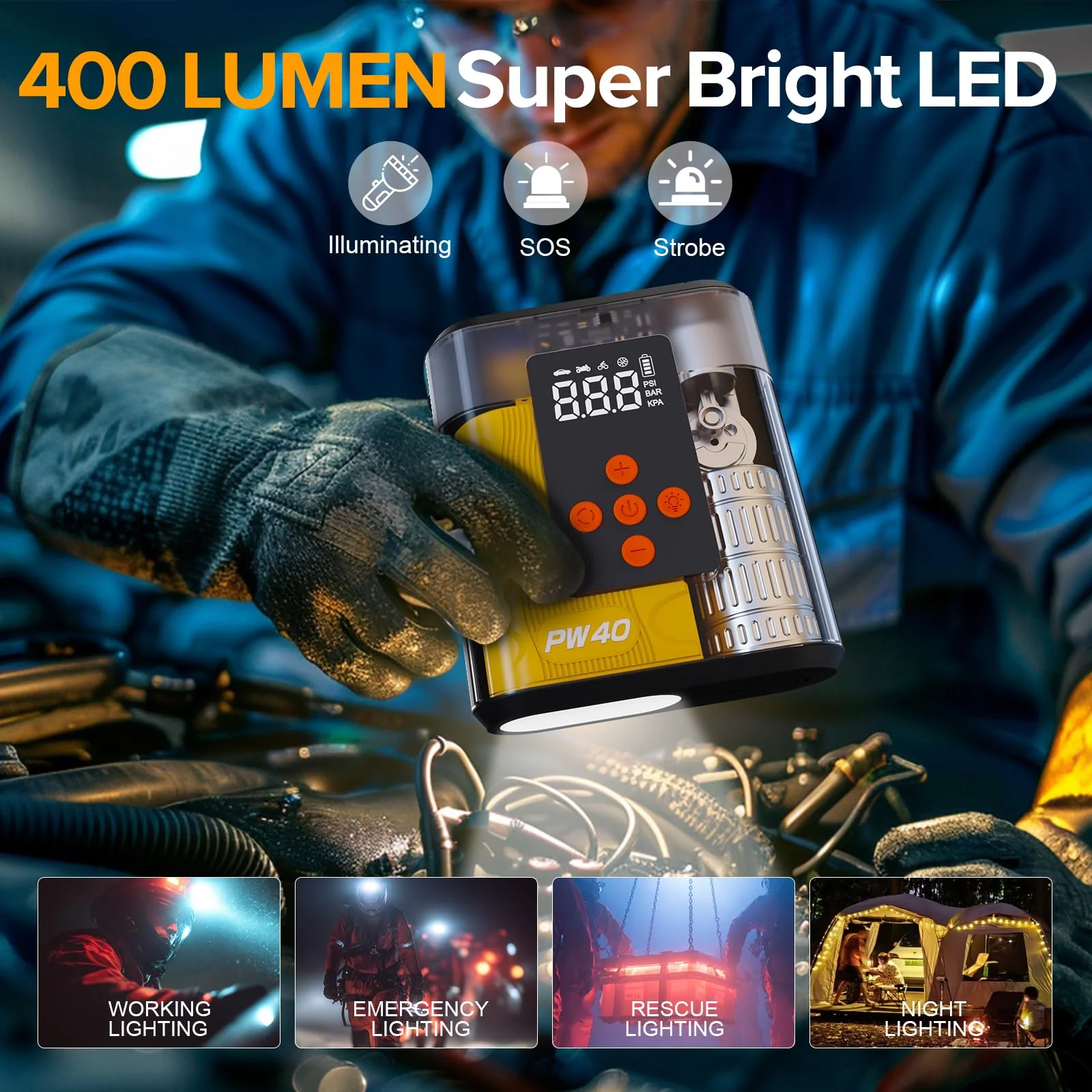 Jump Starter with Air Compressor, 4000A Peak Car Battery Charger, 200 PSI Tire Inflator, Heavy Duty Power Pack for Up to 9.0L Gas, 8.0L Diesel Engines, LED Light, USB Ports, Emergency Road Kit - Image 2