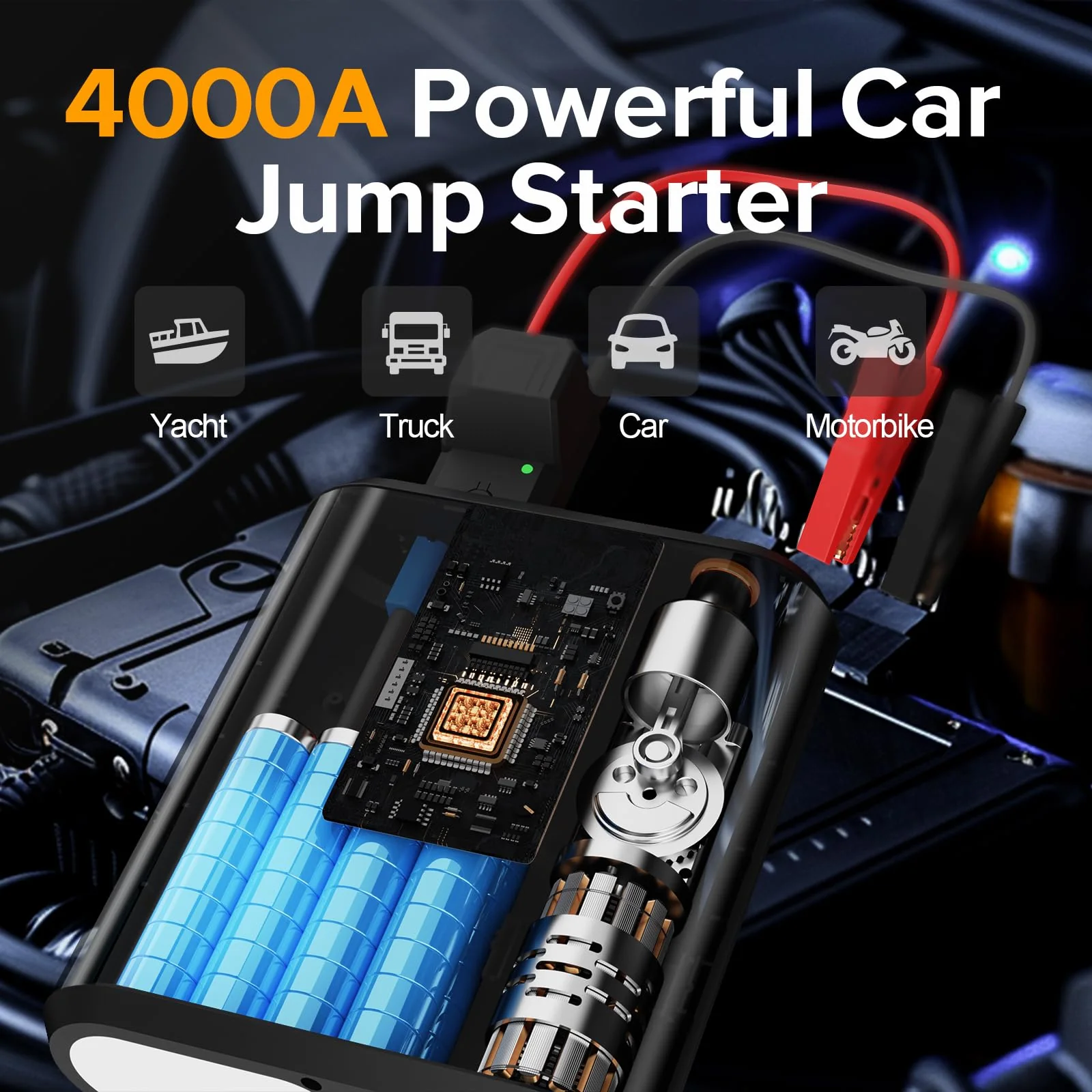 Jump Starter with Air Compressor, 4000A Peak Car Battery Charger, 200 PSI Tire Inflator, Heavy Duty Power Pack for Up to 9.0L Gas, 8.0L Diesel Engines, LED Light, USB Ports, Emergency Road Kit - Image 6