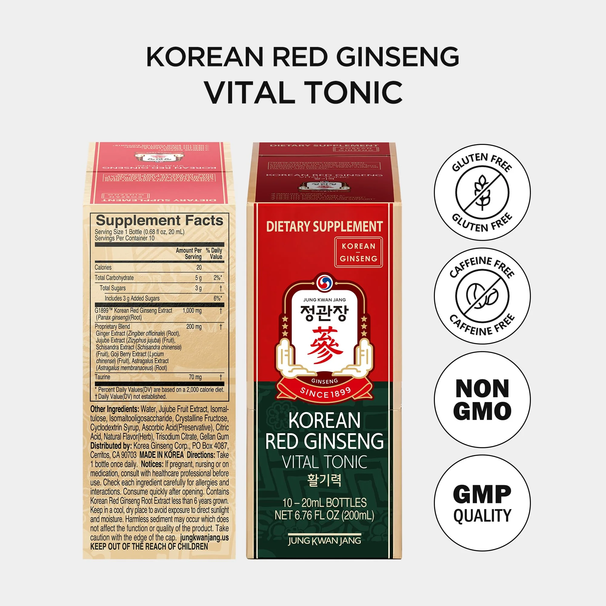 JungKwanJang Korean Red Ginseng Vital Tonic Gift Set Energy Shot Panax Ginseng Giftset for Immune System Booster and Wellness Recovery, Natural Herbs, Vitamins and Minerals - 10 Bottles