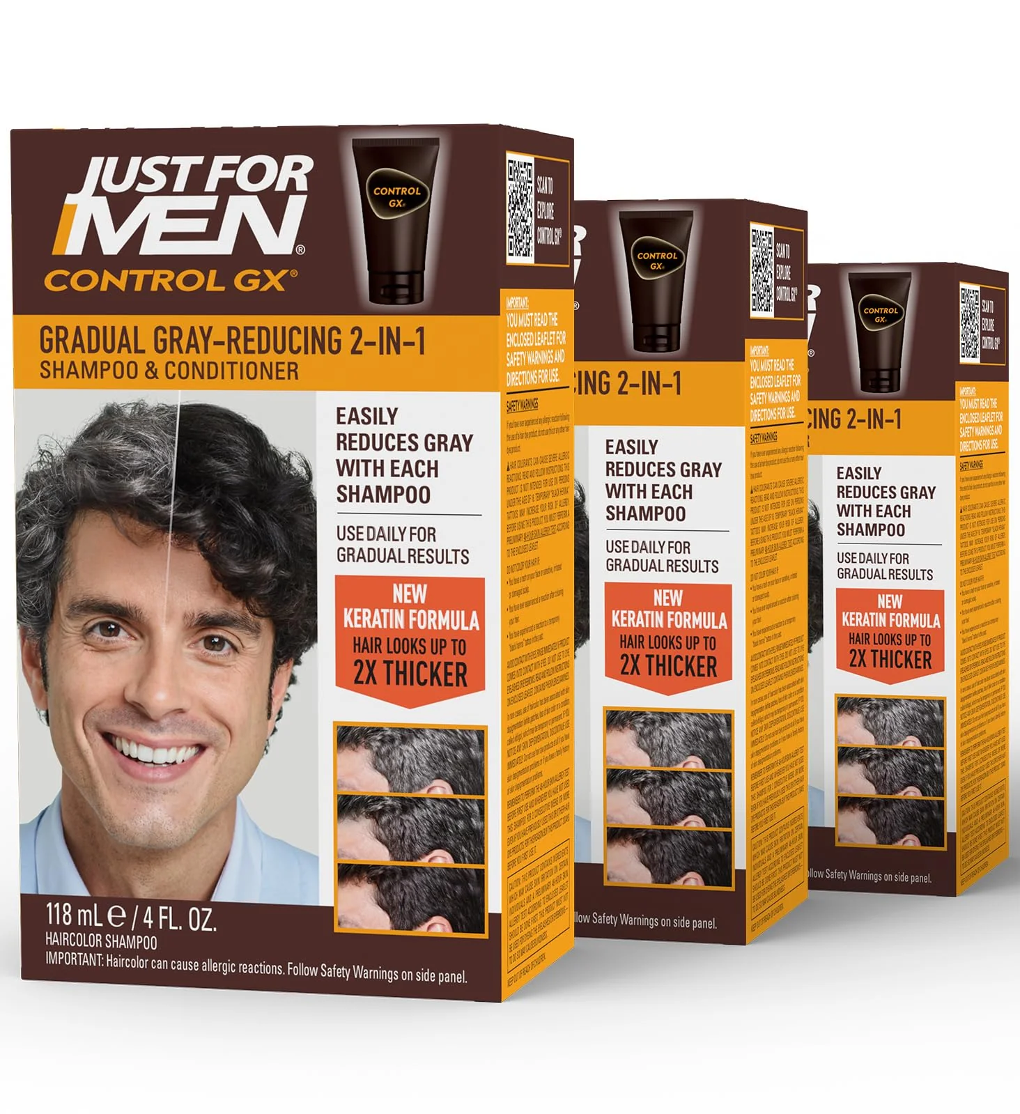 Just for Men Control GX Grey Reducing 2-in-1 Shampoo and Conditioner, Gradual Hair Color with Keratin for Stronger Thicker and Healthier Looking Hair, 4 Fl Oz - Pack of 3 (Packaging May Vary) - Image 2