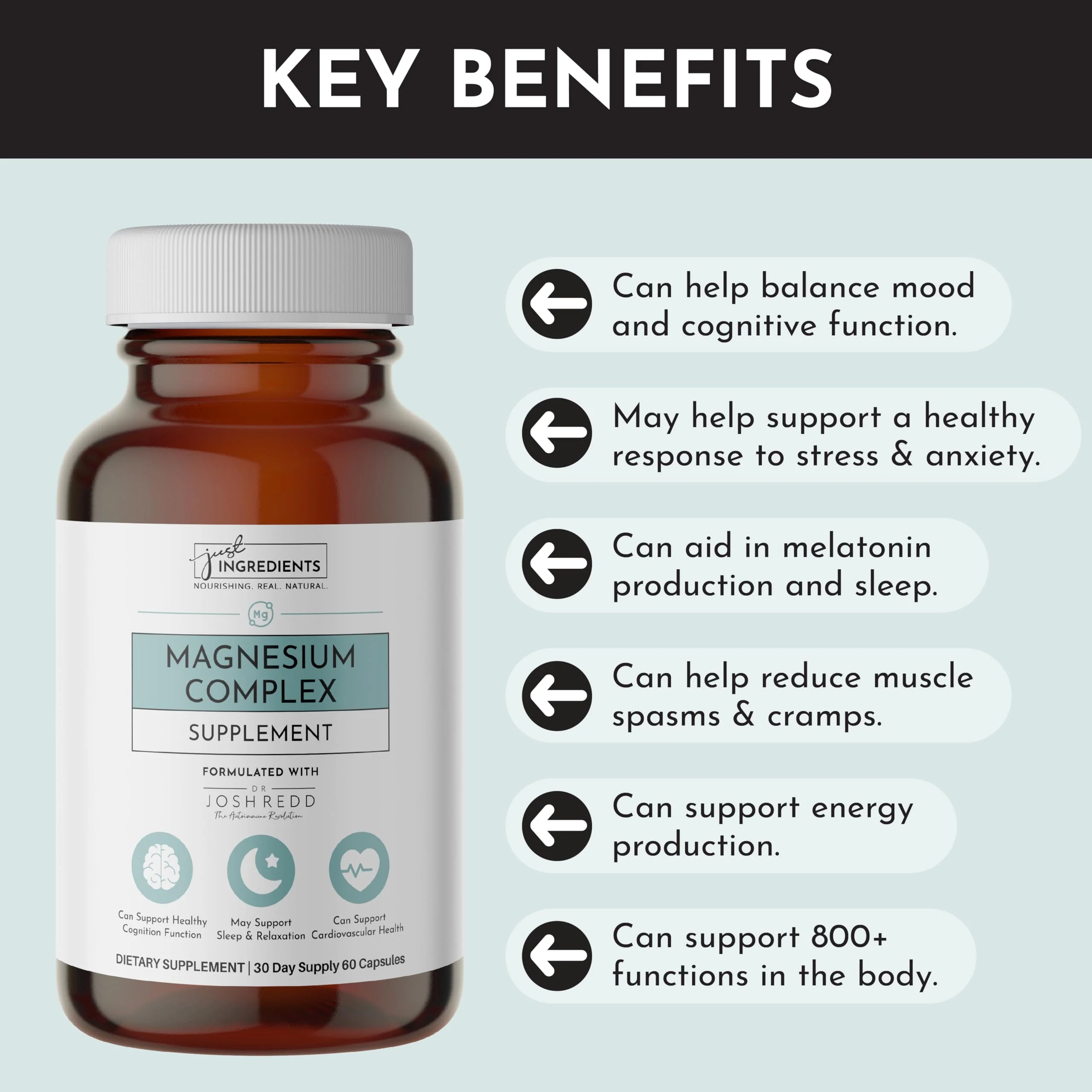 Just Ingredients Magnesium Complex - Five Bioavailable Forms for Relaxation, Sleep, Mood Support - 60 Capsules - Image 7
