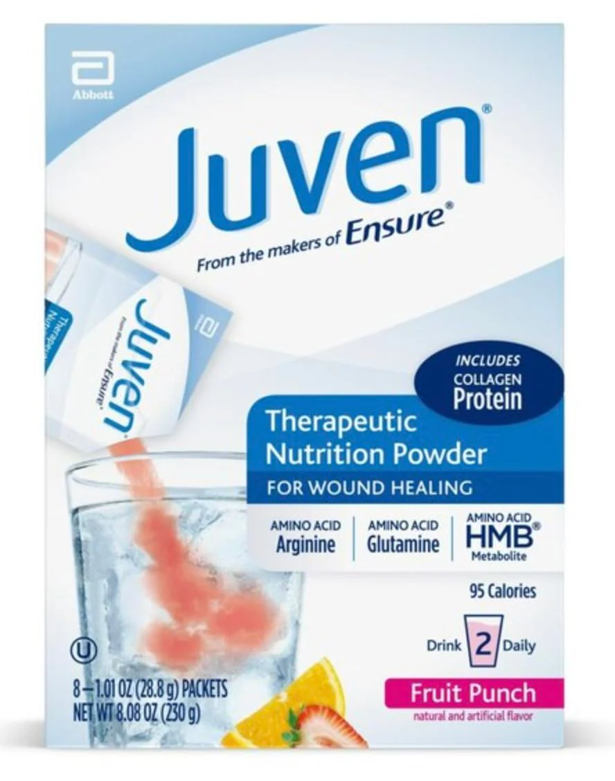 Juven Therapeutic Nutrition Drink Powder Including Collagen Peptides, Amino Acids, and HMB for Wound Healing Support, Fruit Punch, 8 Packets