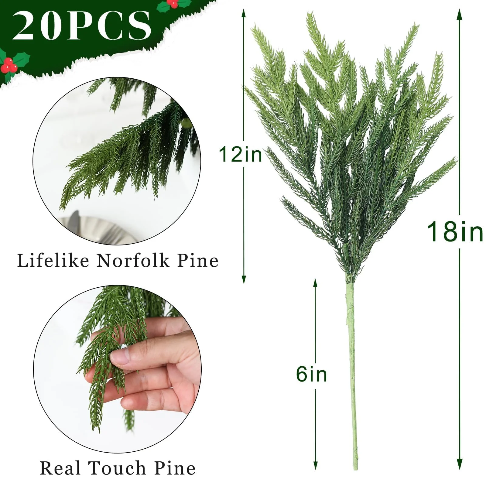 Juxdp 20 Pcs Real Touch Norfolk Pine Branches, Artificial Christmas Green Plants Branch Faux Greenery Stem Fake Pine Picks for Vase DIY Crafts Garland Wreath Xmas Indoor Outdoor Decor(18 Inches) - Image 5