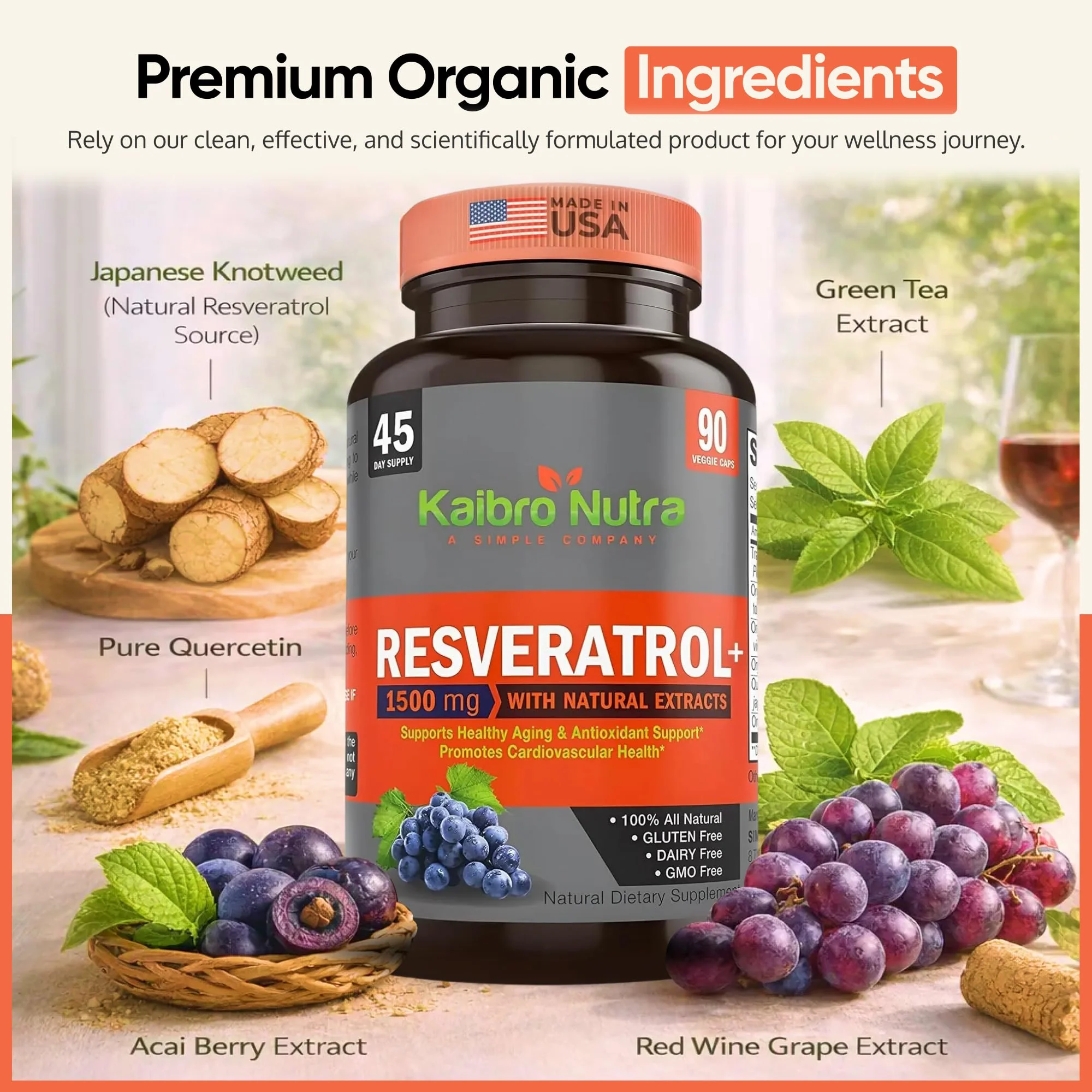 Kaibro Nutra Resveratrol Supplement, 1500mg Extra Strength Trans Resveratrol, Quercetin with Japanese Knotweed Extracts, Anti-Aging, Radiant Skin and Immunity Support, Vegan & Non-GMO, 90 Capsules - Image 5