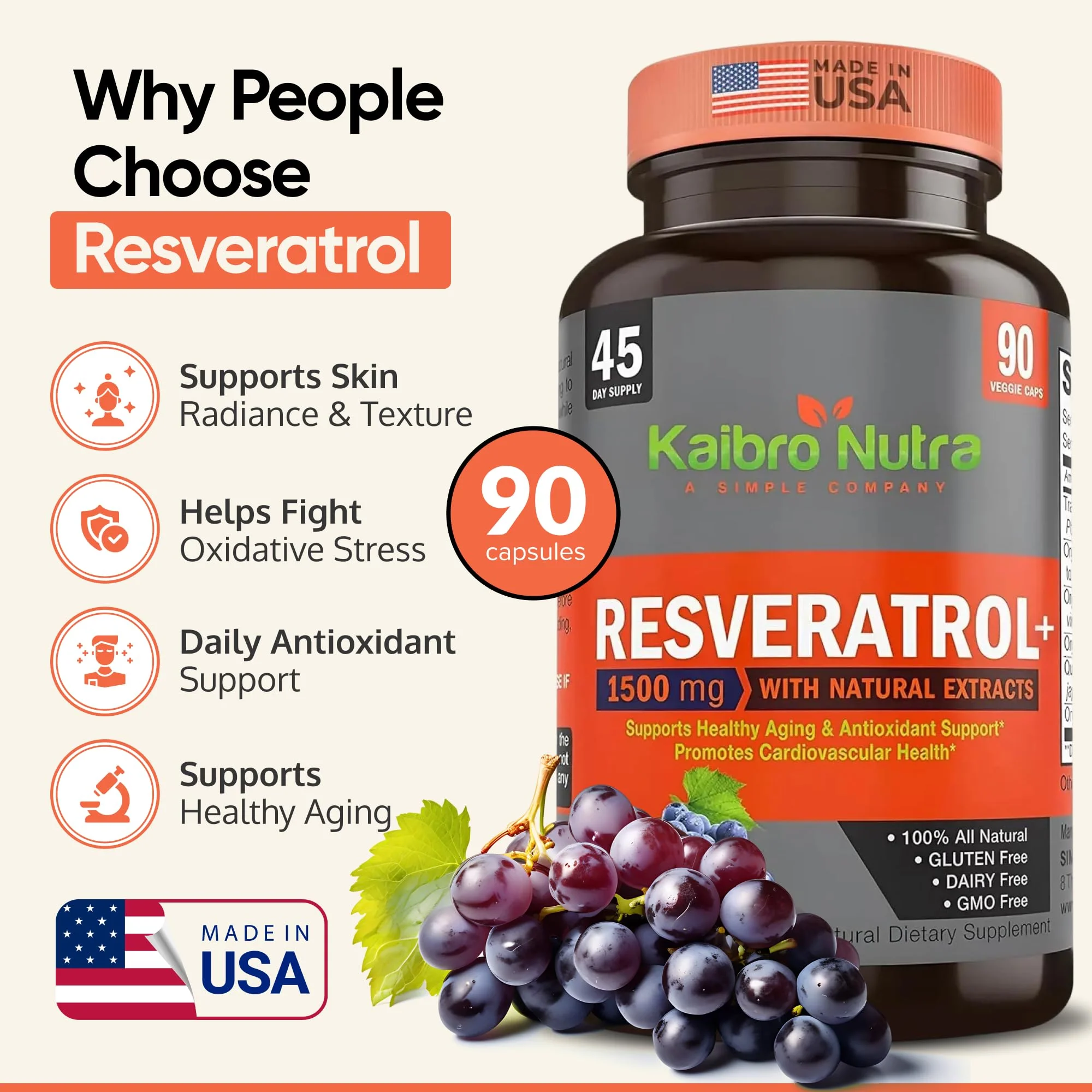 Kaibro Nutra Resveratrol Supplement, 1500mg Extra Strength Trans Resveratrol, Quercetin with Japanese Knotweed Extracts, Anti-Aging, Radiant Skin and Immunity Support, Vegan & Non-GMO, 90 Capsules - Image 8