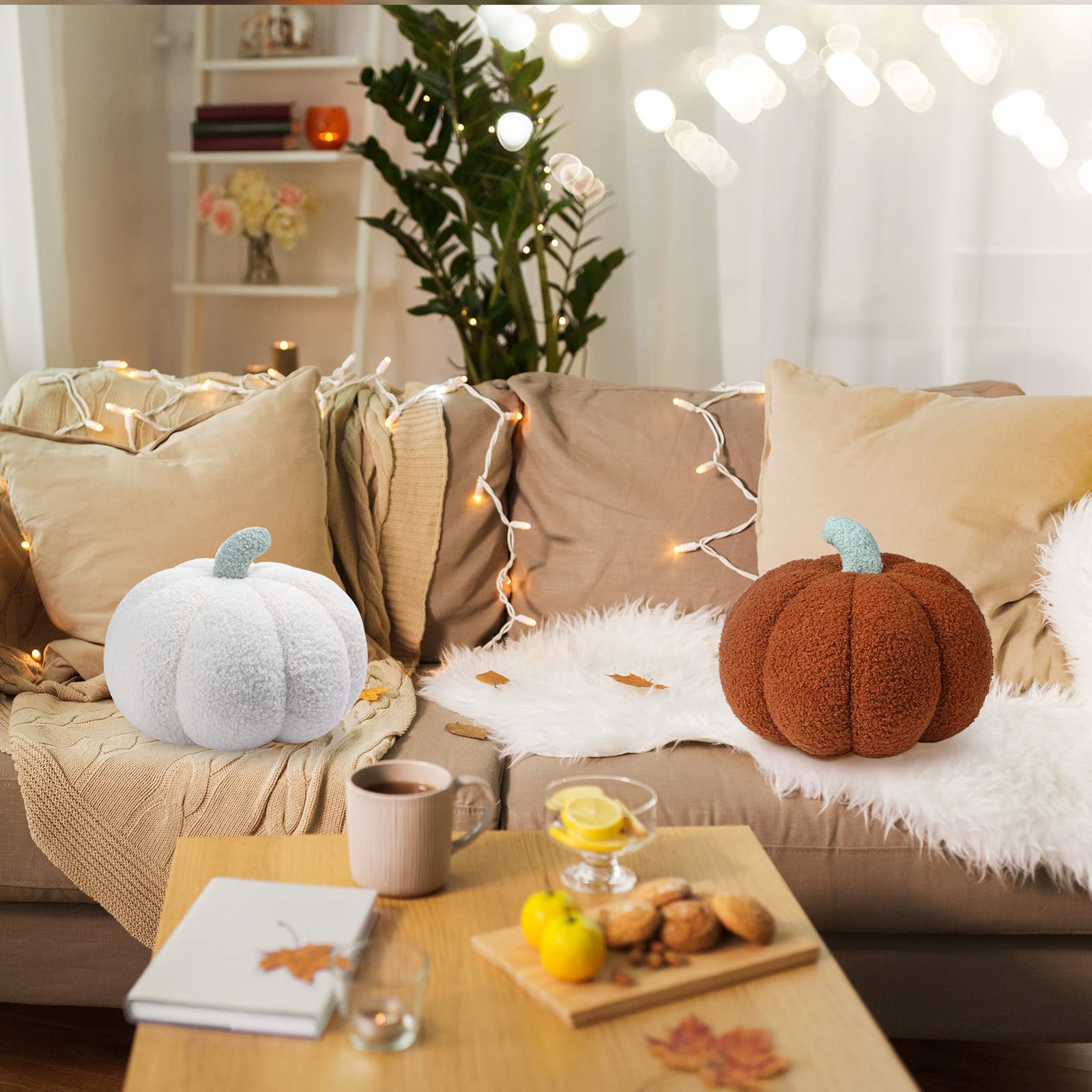 Kajaia 2 Pcs Simulated Pumpkin Pillow Plush 11 x 9.5 Inch 3D Cushion Fall Decorations Stuffed Throw Pillows Toy for Thanksgiving Christmas Halloween Bedroom Sofa Couch Supplies (White,Brown) - Image 2