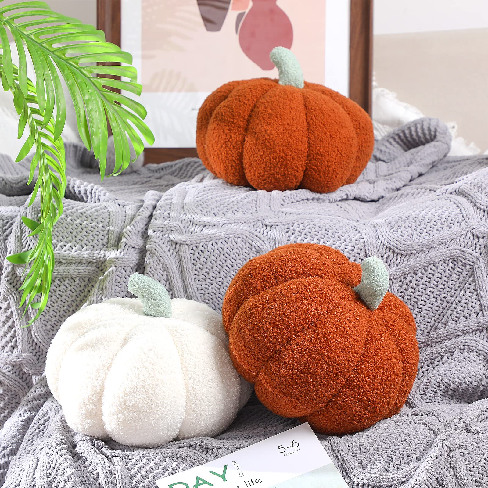 Kajaia 2 Pcs Simulated Pumpkin Pillow Plush 11 x 9.5 Inch 3D Cushion Fall Decorations Stuffed Throw Pillows Toy for Thanksgiving Christmas Halloween Bedroom Sofa Couch Supplies (White,Brown) - Image 6