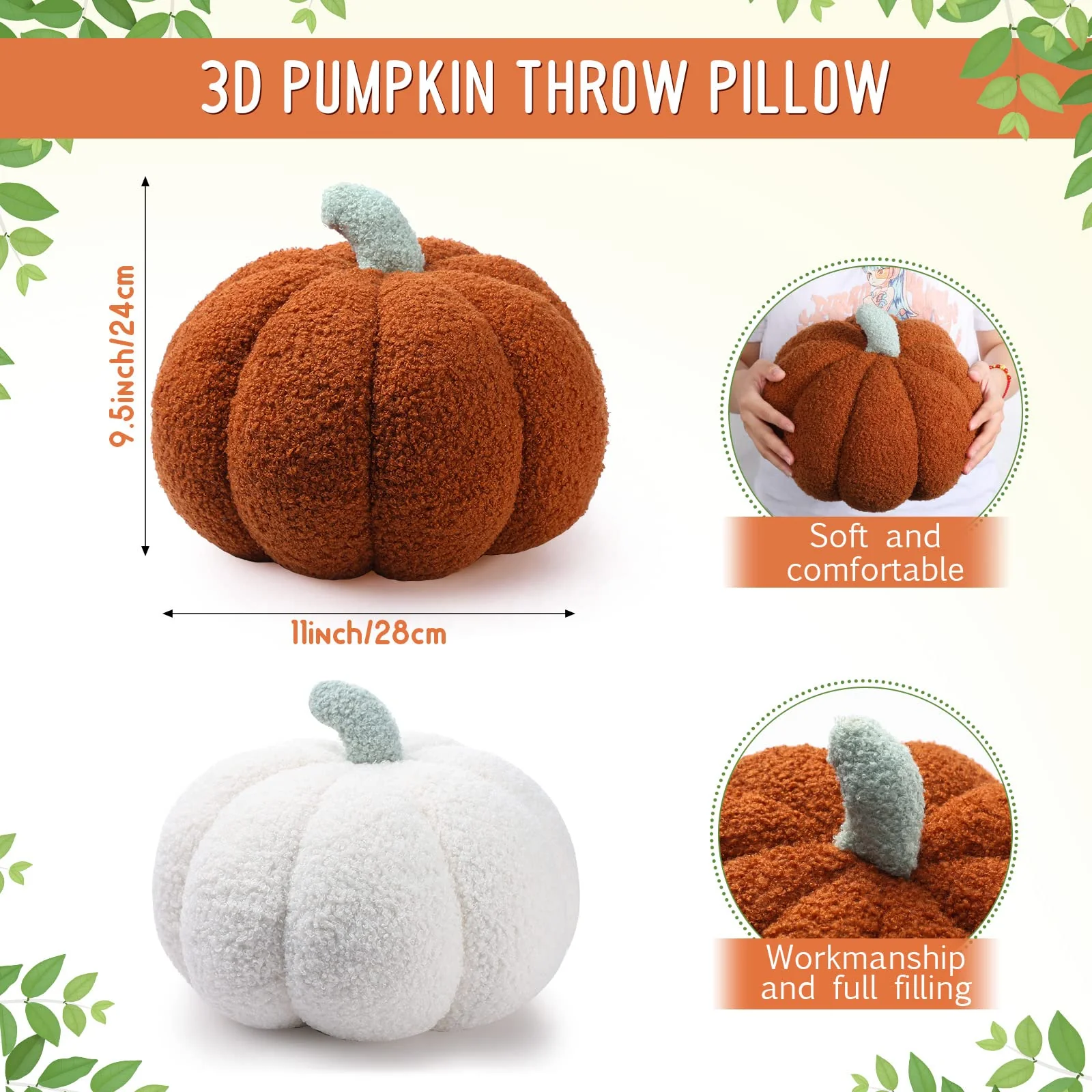 Kajaia 2 Pcs Simulated Pumpkin Pillow Plush 11 x 9.5 Inch 3D Cushion Fall Decorations Stuffed Throw Pillows Toy for Thanksgiving Christmas Halloween Bedroom Sofa Couch Supplies (White,Brown) - Image 7