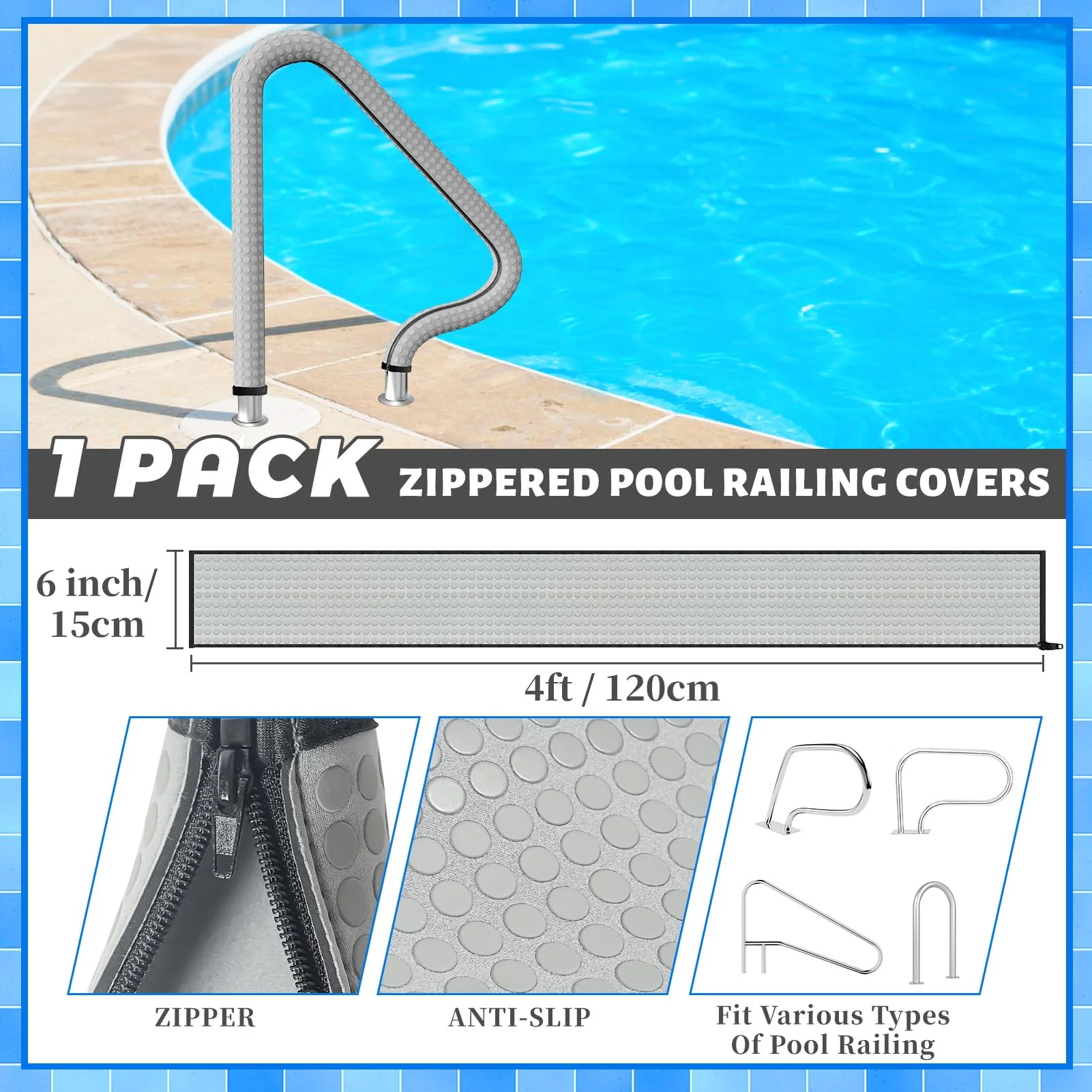 Kakolvan Swimming Pool Handrail Cover, Non-Slip Railing Handle Grip Covers with Zippers, Fit Most Above/Inground Pool Hand Rails, Cooling, Soft & Comfortable Touch Ladder Sleeve (4 Ft, 1 Pack) - Image 9