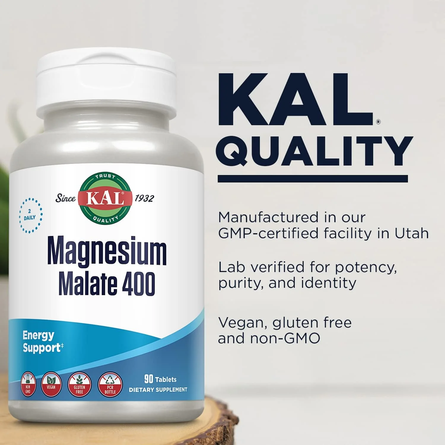 KAL Magnesium Malate 400mg, Chelated Magnesium Supplement with Malic Acid, Healthy Energy & Muscle Function Support, Enhanced Absorption, Vegan, Non-GMO, 45 Servings, 90 Veg Tabs - Image 4