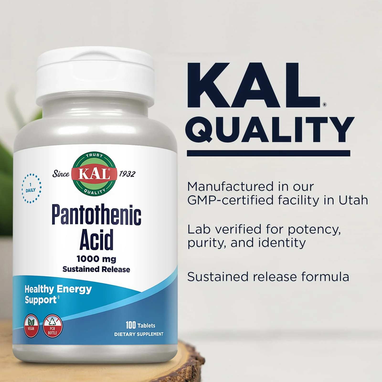 KAL Pantothenic Acid 1000mg Supplement for Men & Women - Vitamin B5 1000 mg, Supports Cellular Energy Metabolism, Nerve Function, Sustained Release, Vegan - 100 Tablets - Image 4