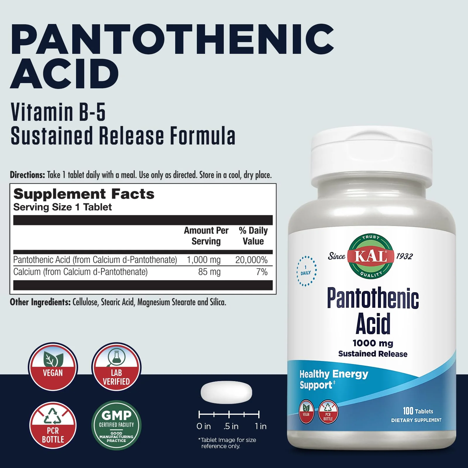 KAL Pantothenic Acid 1000mg Supplement for Men & Women - Vitamin B5 1000 mg, Supports Cellular Energy Metabolism, Nerve Function, Sustained Release, Vegan - 100 Tablets - Image 6