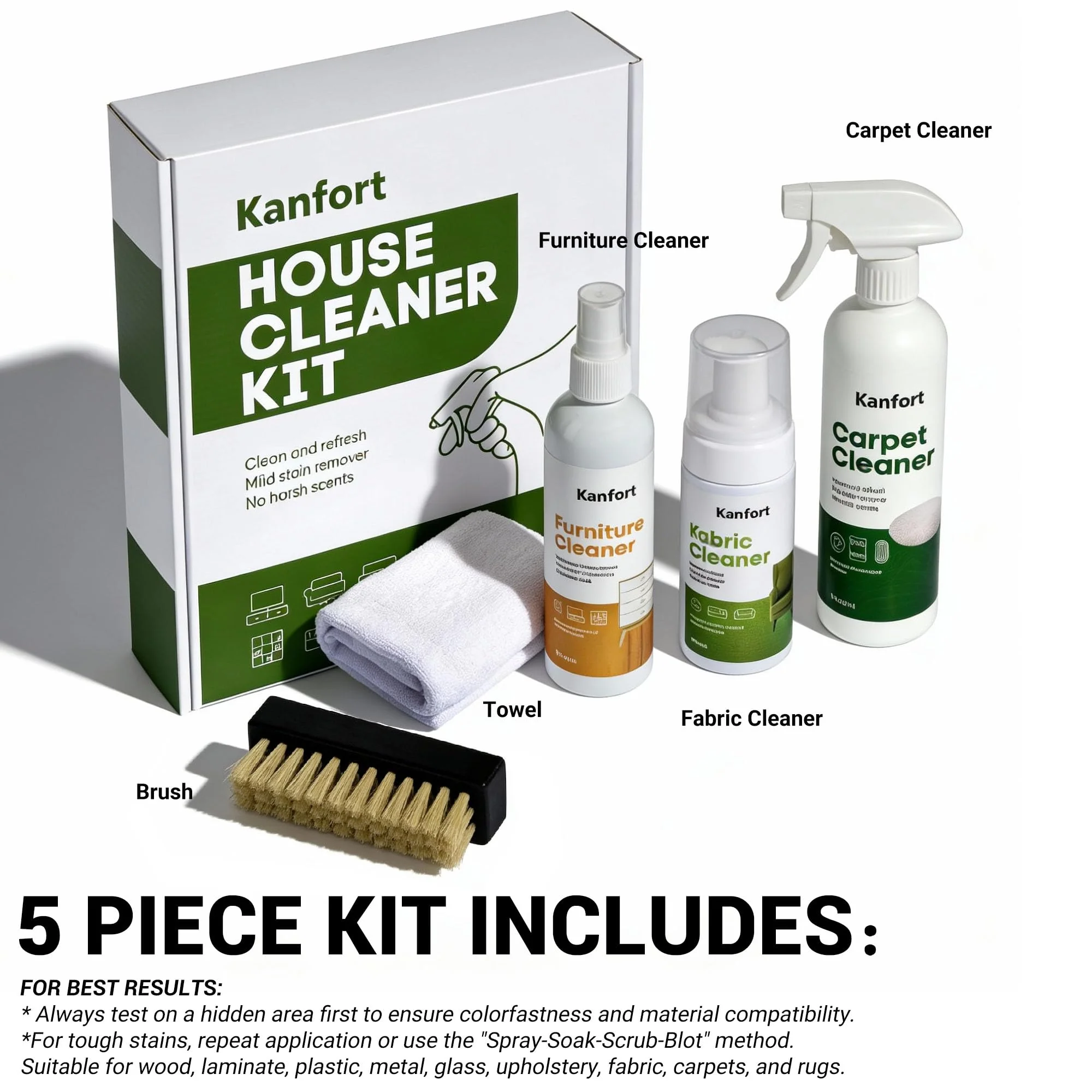 kanfort Carpet & Upholstery Cleaner 5-Piece Set, Fast Action Stain Remover for Furniture, Fabric, Sofa, Car Seats & Clothes - Includes Brush and Towel - Safe for Kids and Pets, Includes Brush & Towel - Image 2