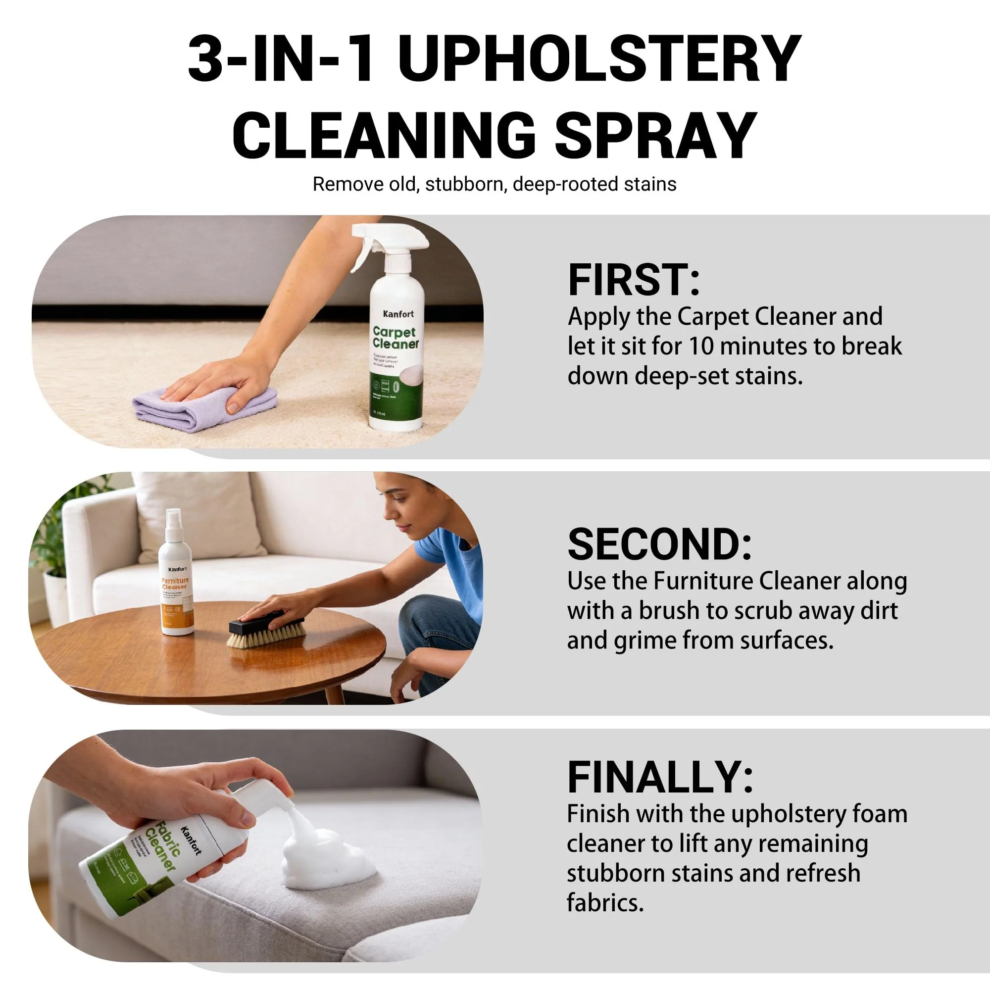 kanfort Carpet & Upholstery Cleaner 5-Piece Set, Fast Action Stain Remover for Furniture, Fabric, Sofa, Car Seats & Clothes - Includes Brush and Towel - Safe for Kids and Pets, Includes Brush & Towel - Image 3