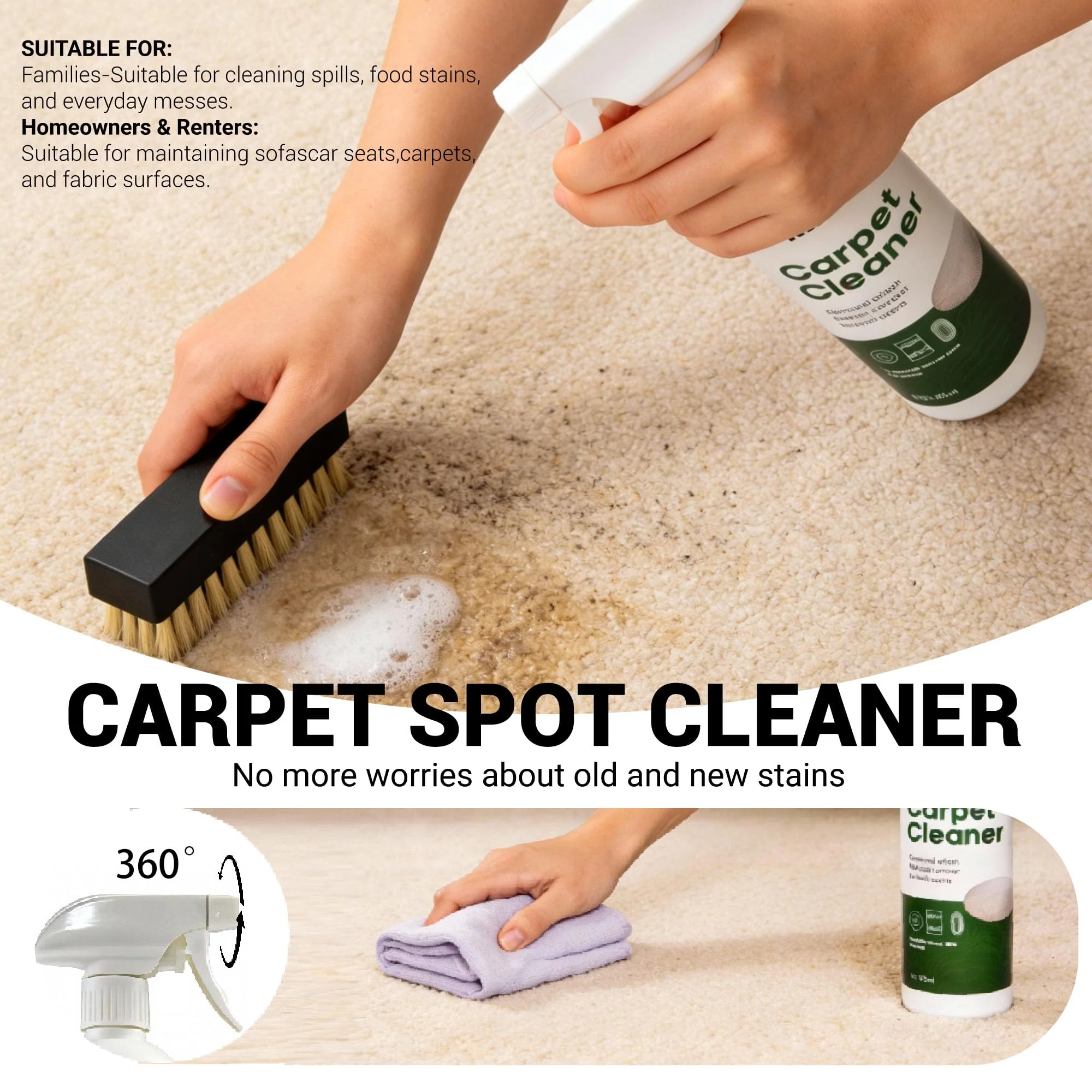 kanfort Carpet & Upholstery Cleaner 5-Piece Set, Fast Action Stain Remover for Furniture, Fabric, Sofa, Car Seats & Clothes - Includes Brush and Towel - Safe for Kids and Pets, Includes Brush & Towel - Image 5