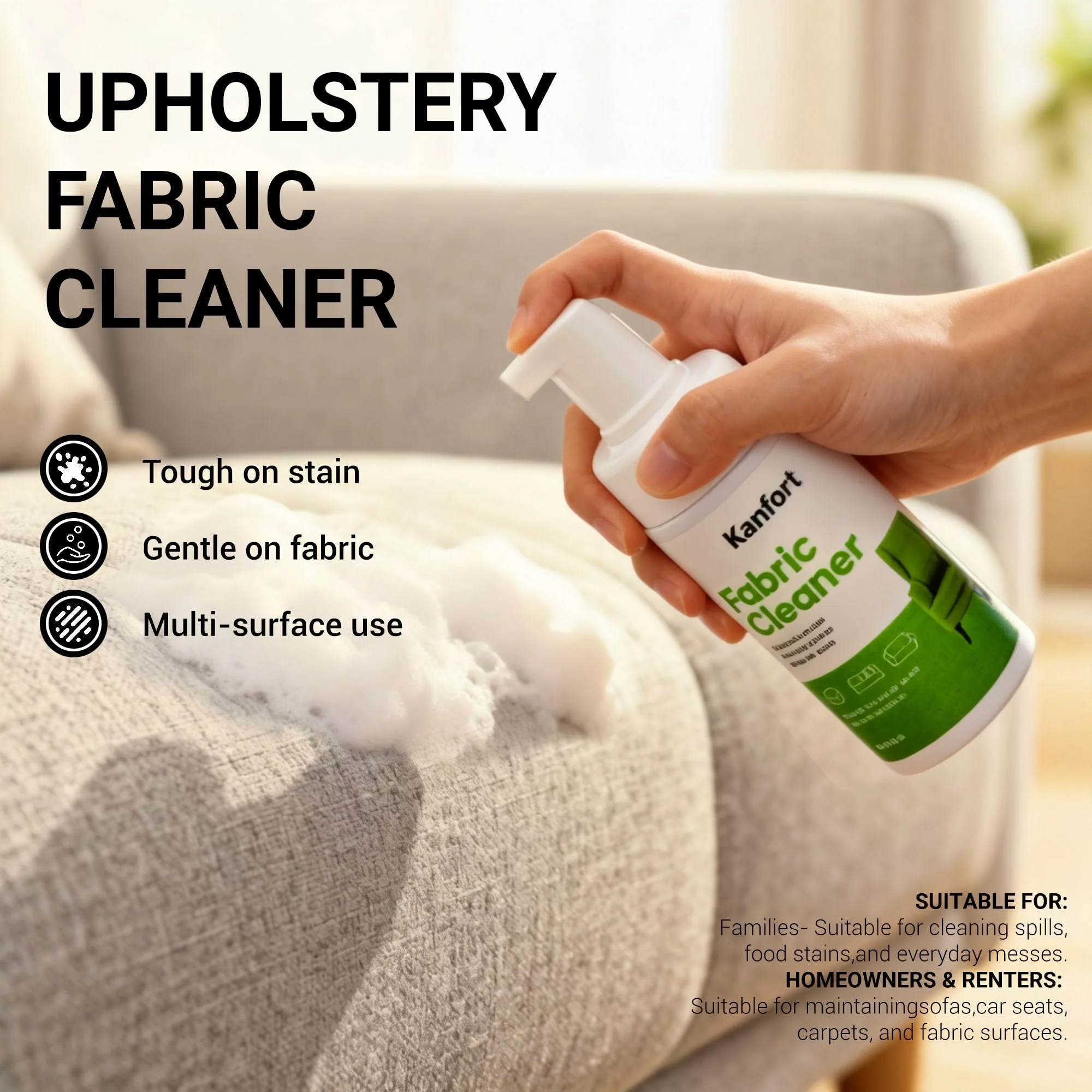 kanfort Carpet & Upholstery Cleaner 5-Piece Set, Fast Action Stain Remover for Furniture, Fabric, Sofa, Car Seats & Clothes - Includes Brush and Towel - Safe for Kids and Pets, Includes Brush & Towel - Image 6