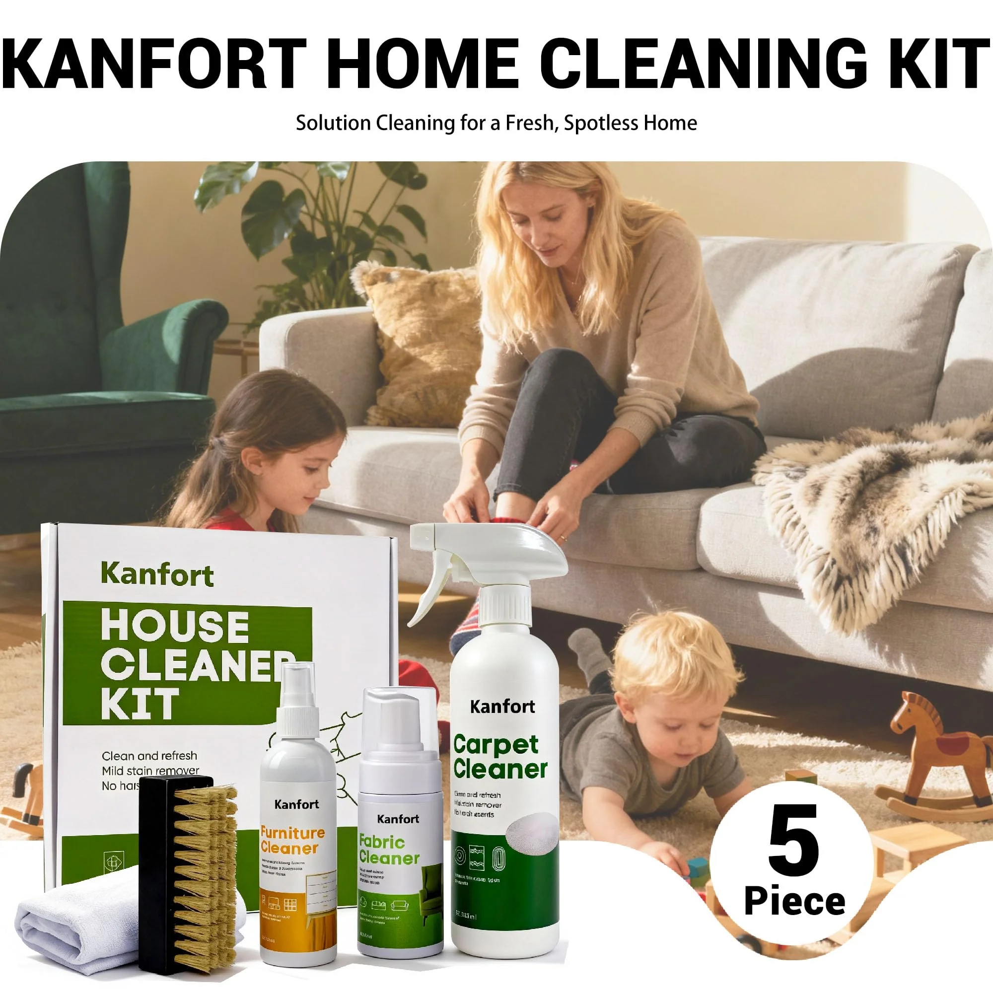 kanfort Carpet & Upholstery Cleaner 5-Piece Set, Fast Action Stain Remover for Furniture, Fabric, Sofa, Car Seats & Clothes - Includes Brush and Towel - Safe for Kids and Pets, Includes Brush & Towel - Image 7