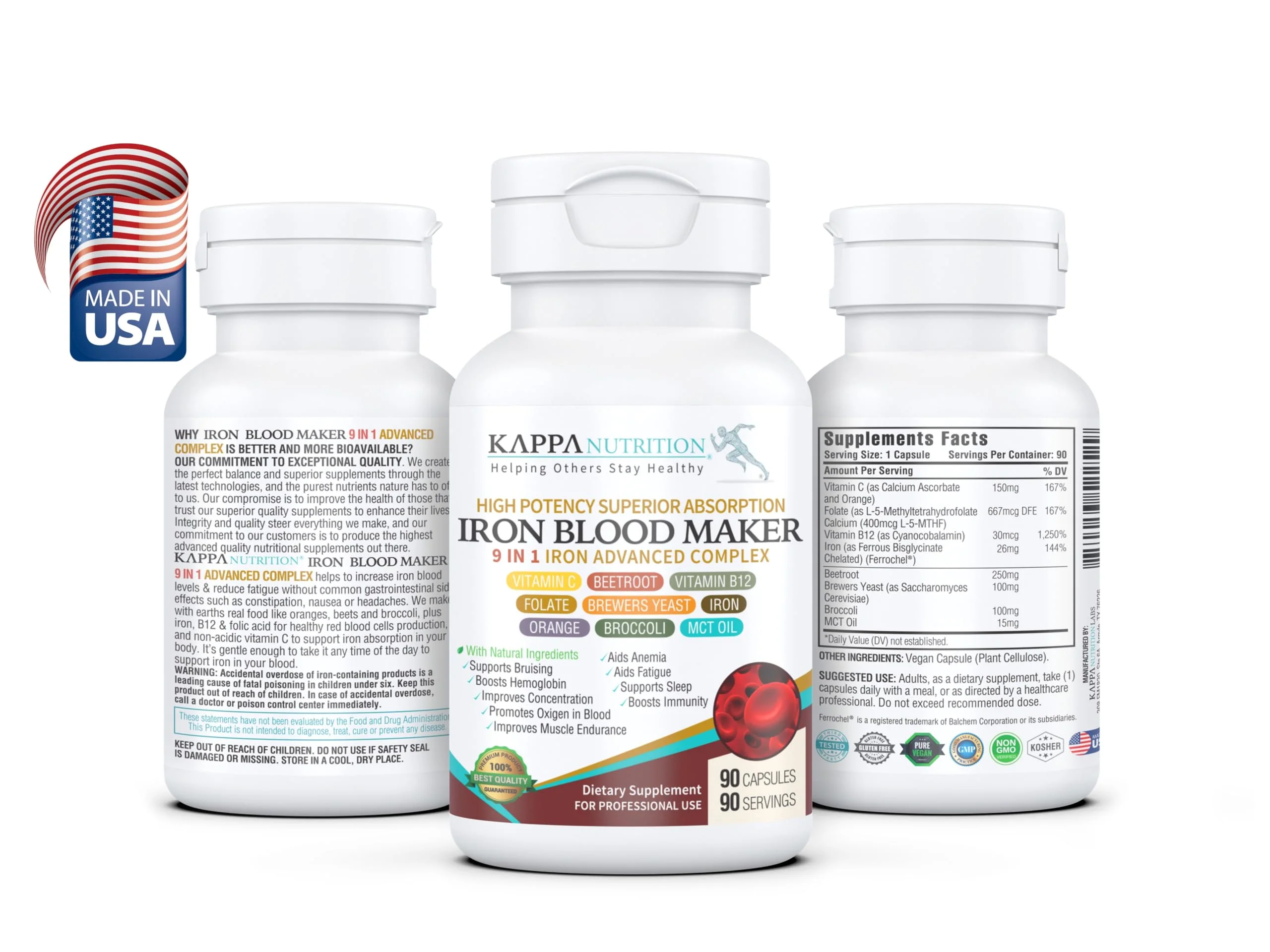 KAPPA NUTRITION Iron 26mg, Vitamin C & Orange 150mg, Folate 667mcg DFE, Vitamin B12, Beetroot, Brewers Yeast, Broccoli & MCT Oil 9 in 1 Advanced Complex (90 Capsules) - Image 8