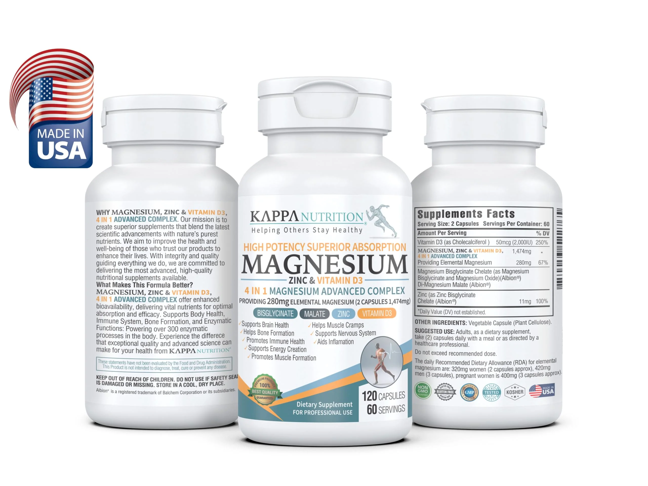 Kappa Nutrition Magnesium 4-in-1, 280mg Elemental Magnesium (Bisglycinate, Malate) + Zinc & Vitamin D3, Brain, Sleep, Energy, Muscle, Immune Support, 120 Vegan Capsules. - Image 2