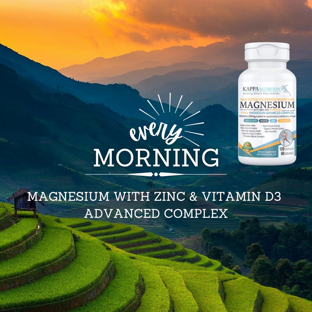 Kappa Nutrition Magnesium 4-in-1, 280mg Elemental Magnesium (Bisglycinate, Malate) + Zinc & Vitamin D3, Brain, Sleep, Energy, Muscle, Immune Support, 120 Vegan Capsules. - Image 5