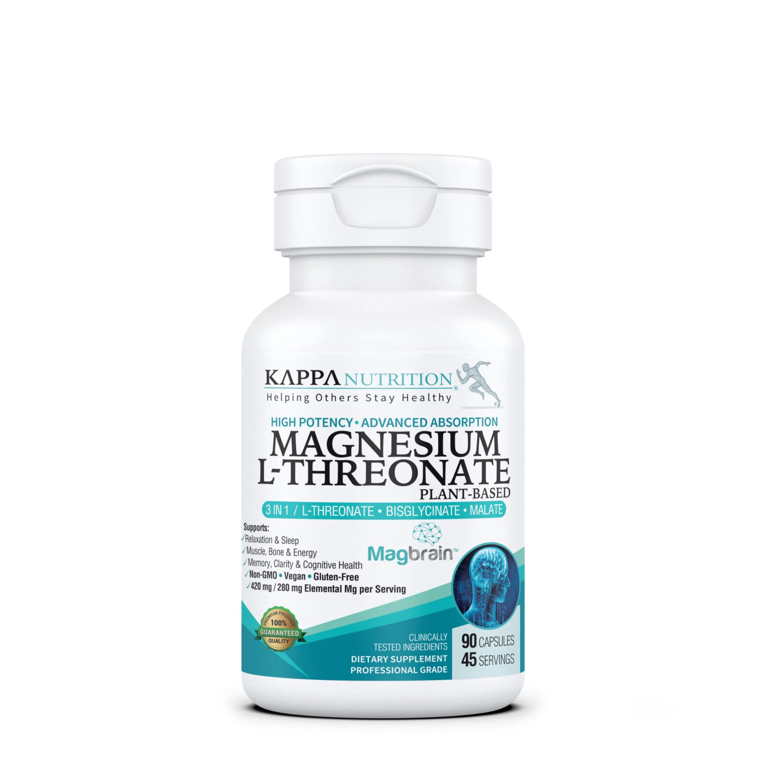 Kappa Nutrition Powered by Magbrain™ Magnesium L-Threonate Plant-Based, 90 Vegan Capsules, 420mg Elemental Magnesium (3 Capsules) from 2,253mg, Brain, Sleep & Muscle Support.