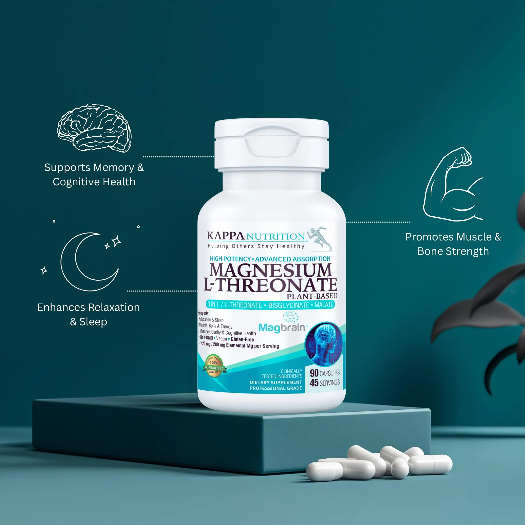 Kappa Nutrition Powered by Magbrain™ Magnesium L-Threonate Plant-Based, 90 Vegan Capsules, 420mg Elemental Magnesium (3 Capsules) from 2,253mg, Brain, Sleep & Muscle Support. - Image 4