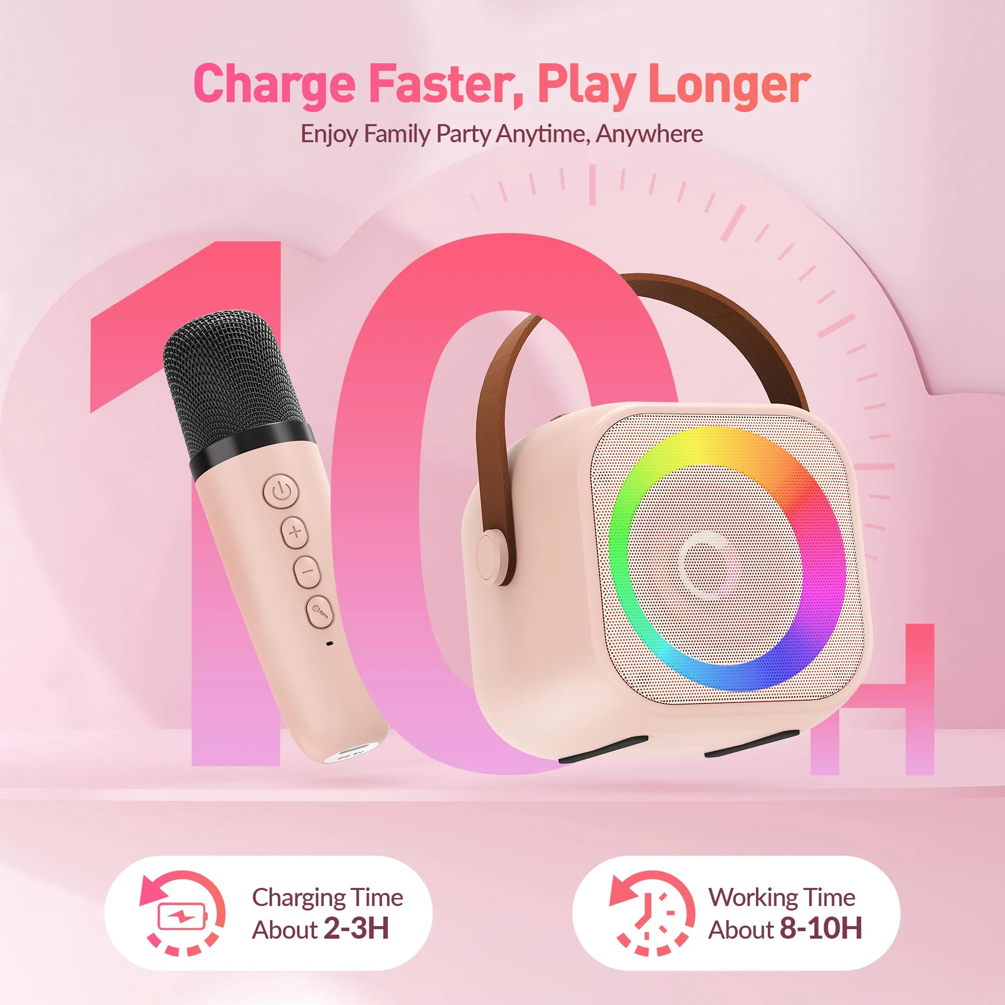 Karaoke Machine for Kids Adults, Mini Portable Bluetooth Karaoke Speaker with 2 Wireless Microphone and Lights, Christmas Birthday Gifts for Girls Ages 4, 5, 6, 7, 8, 9, 10, 12+ Family Home Party - Image 4