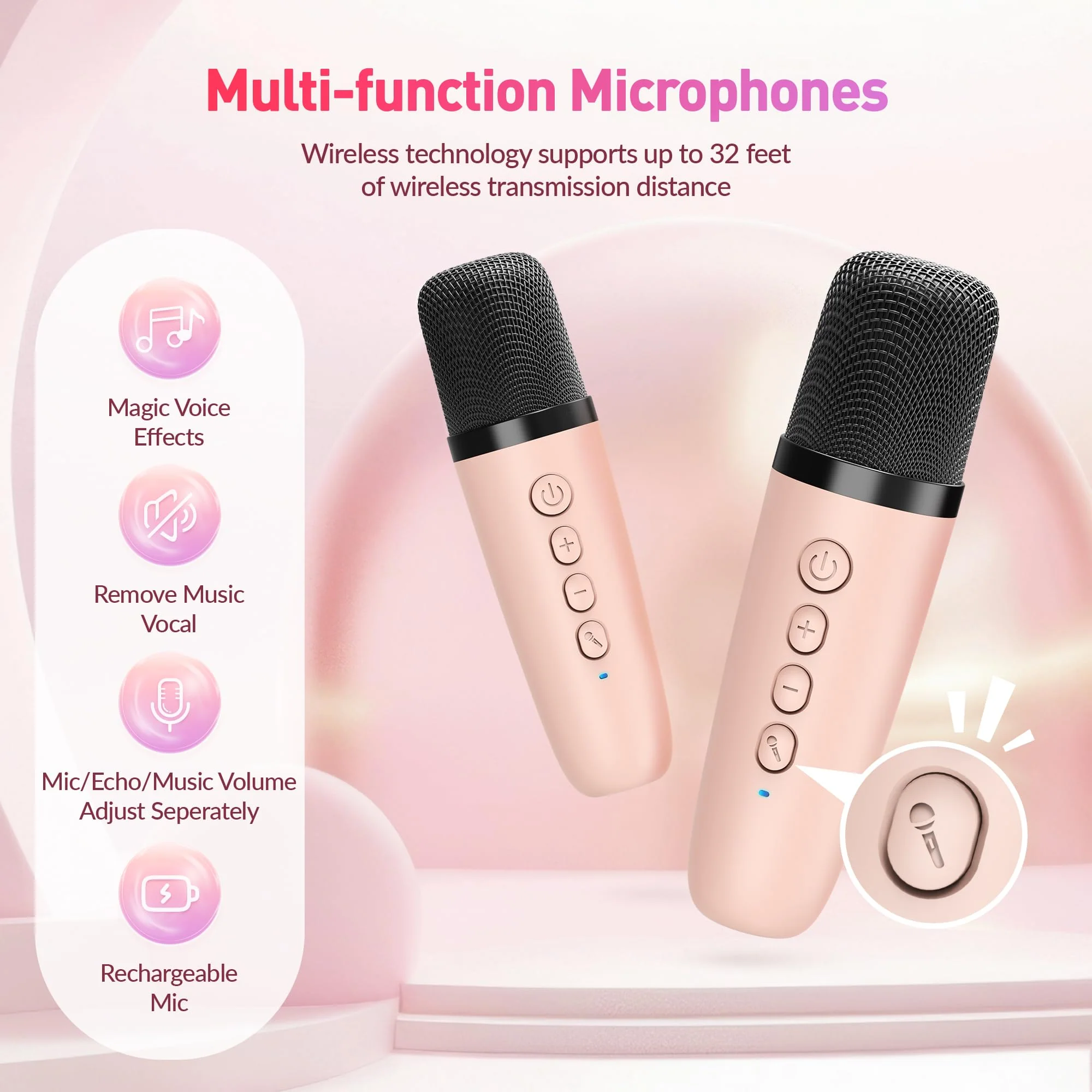 Karaoke Machine for Kids Adults, Mini Portable Bluetooth Karaoke Speaker with 2 Wireless Microphone and Lights, Christmas Birthday Gifts for Girls Ages 4, 5, 6, 7, 8, 9, 10, 12+ Family Home Party - Image 6