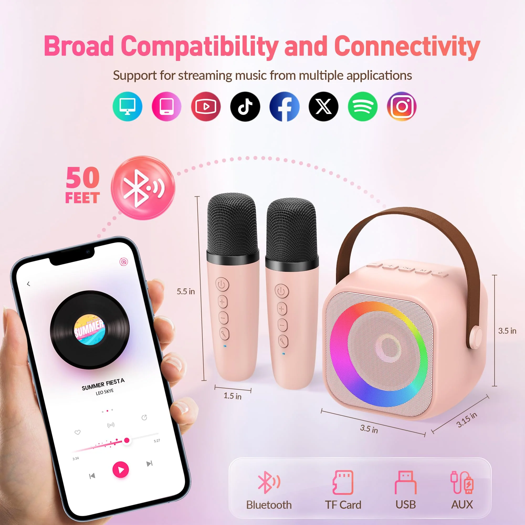 Karaoke Machine for Kids Adults, Mini Portable Bluetooth Karaoke Speaker with 2 Wireless Microphone and Lights, Christmas Birthday Gifts for Girls Ages 4, 5, 6, 7, 8, 9, 10, 12+ Family Home Party - Image 8