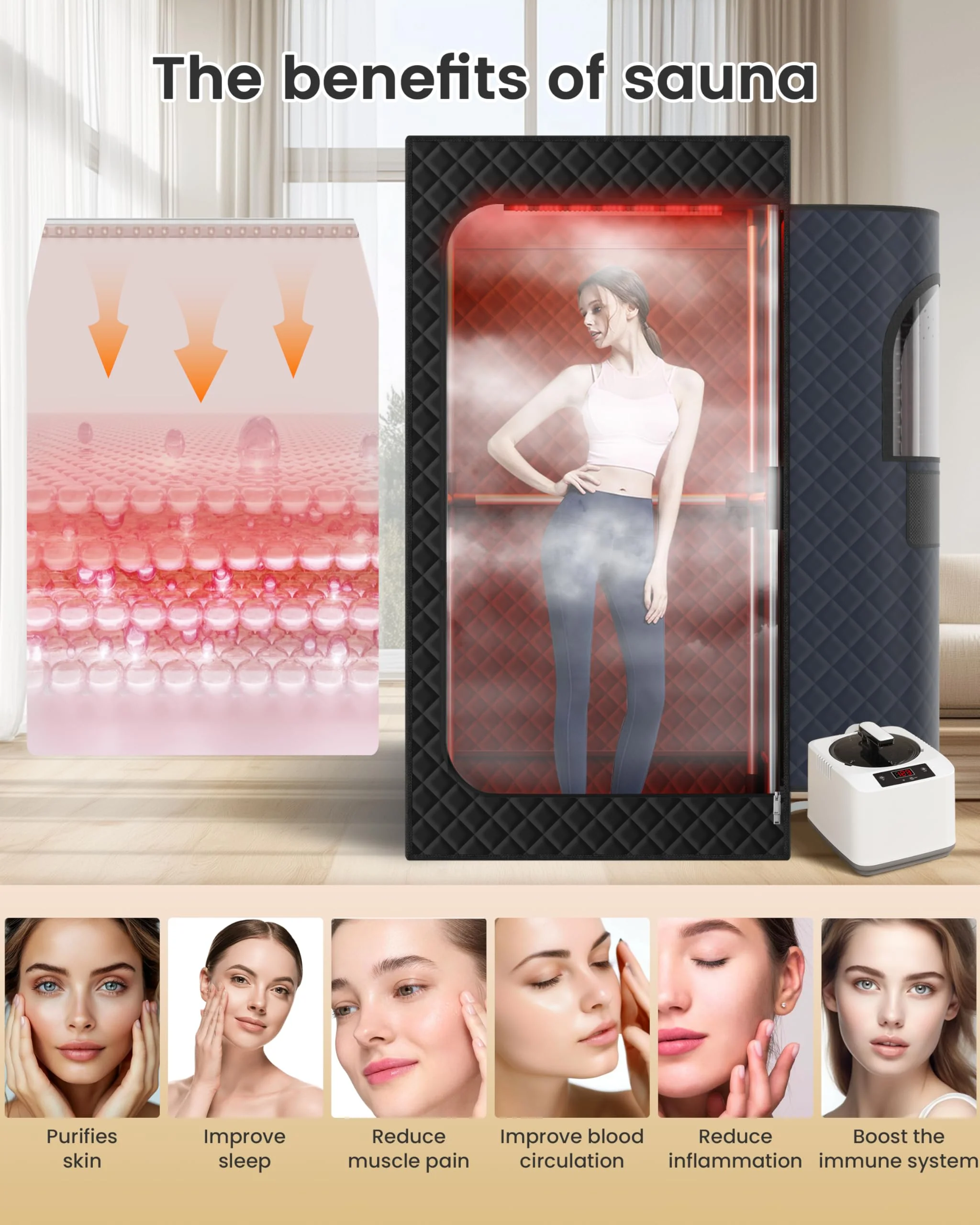 KASUE Portable Infrared Sauna, Steam Sauna with XL Steamer, 5-Layer Waterproof & Heat Insulation for Relaxation, Detoxification, Muscle Pain Relief Indoor & Outdoor(Obsidian Black) - Image 6
