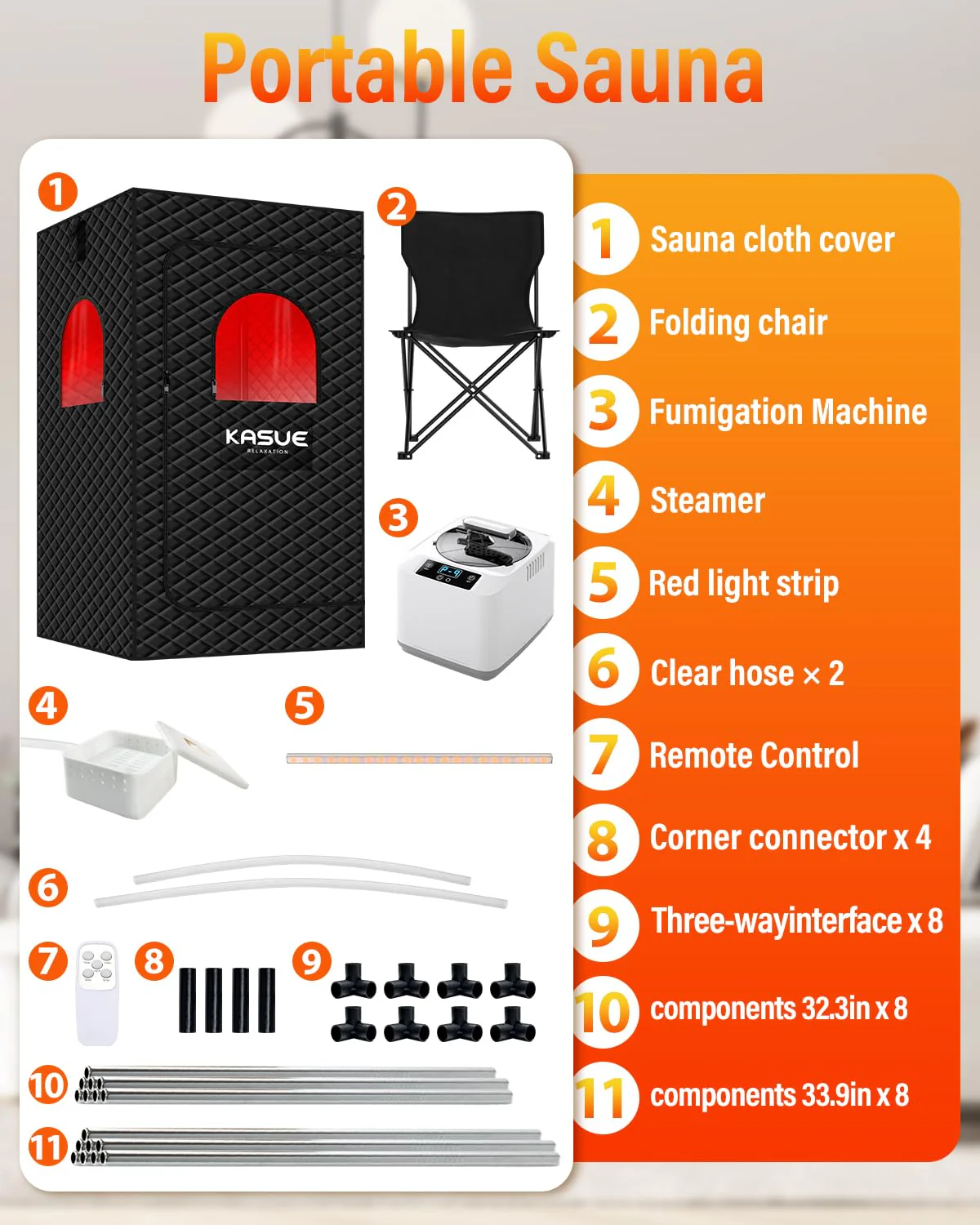 KASUE Portable Steam Sauna Tent for Home, Infrared Sauna with 3L Steamer, 9 Temp Levels & 99 Min Timer, 5-Layer Waterproof Insulated, Folding Chair Included, Indoor Spa (Light Black) - Image 3