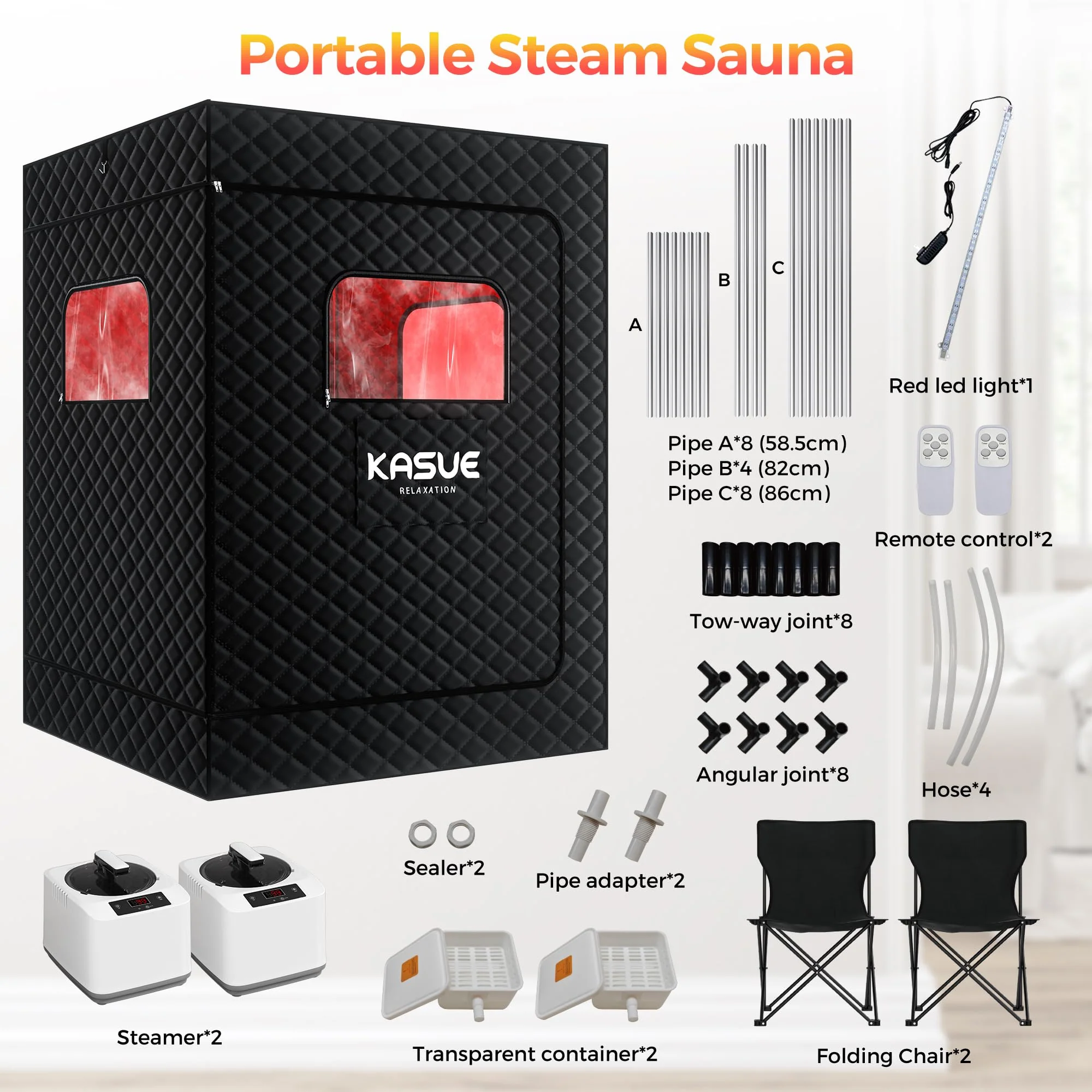 KASUE Upgraded 2 Person Sauna, Portable Infrared Sauna with 5-Layer Waterproof, 2 Steamers, 2 Folding Chair, 71”x 36”x 49” for Indoor, Outdoor, Gym, Spa, Carbon Black - Image 3