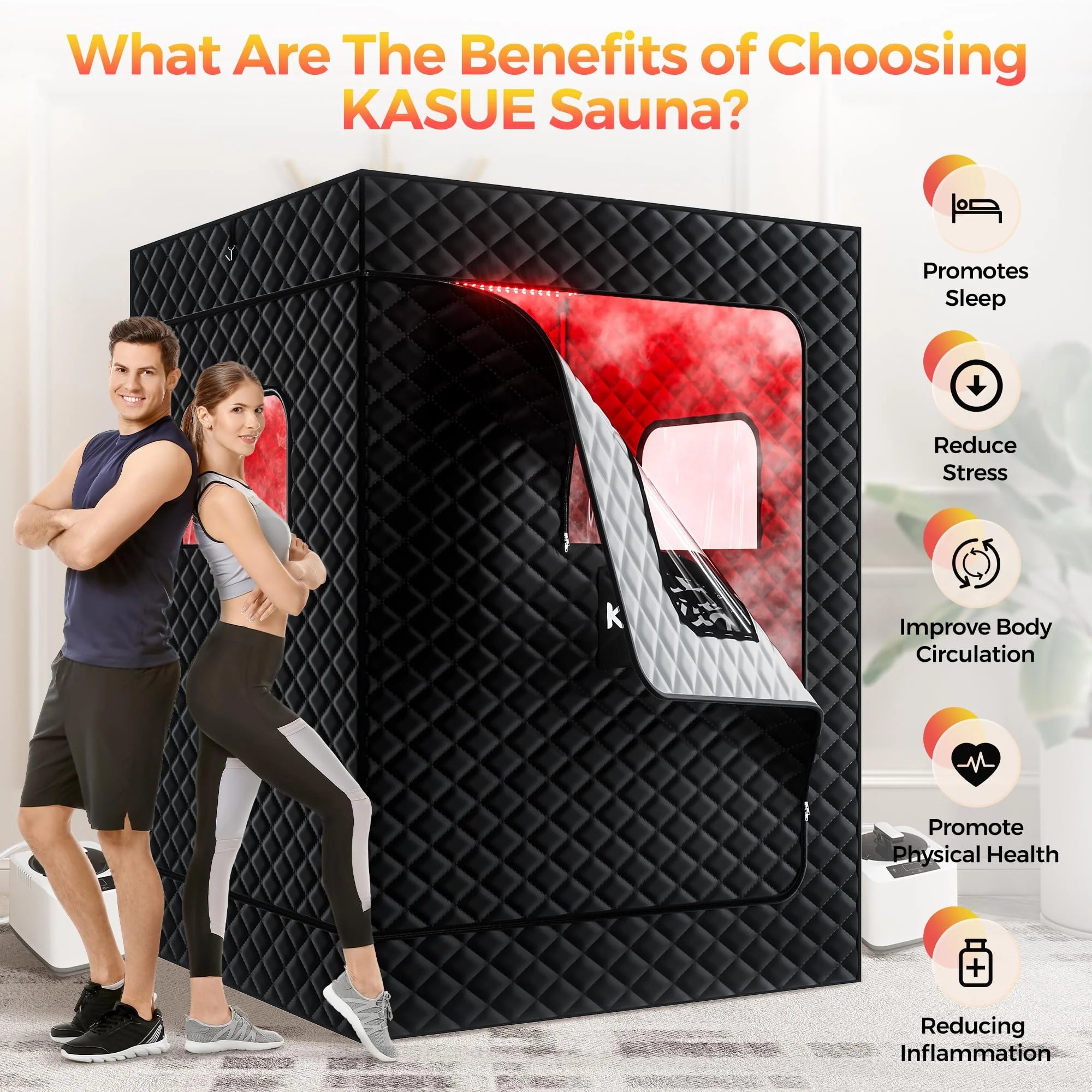 KASUE Upgraded 2 Person Sauna, Portable Infrared Sauna with 5-Layer Waterproof, 2 Steamers, 2 Folding Chair, 71”x 36”x 49” for Indoor, Outdoor, Gym, Spa, Carbon Black - Image 4