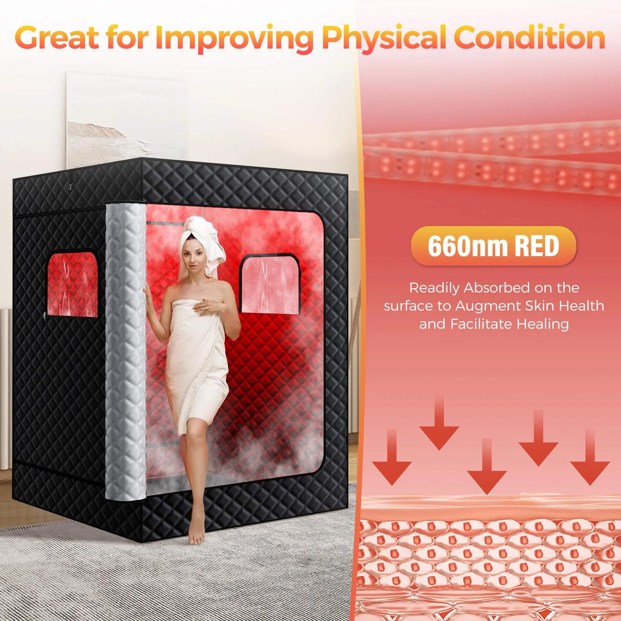 KASUE Upgraded 2 Person Sauna, Portable Infrared Sauna with 5-Layer Waterproof, 2 Steamers, 2 Folding Chair, 71”x 36”x 49” for Indoor, Outdoor, Gym, Spa, Carbon Black - Image 7