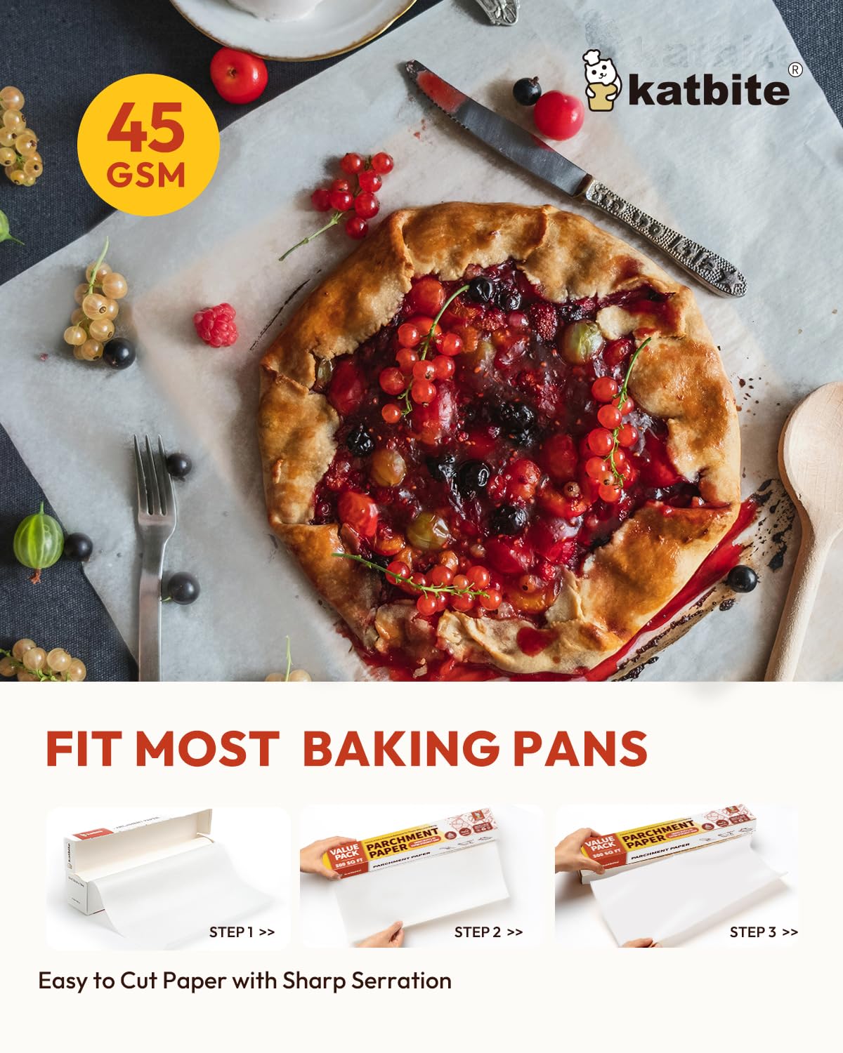 Katbite 15in x 242ft, 300 Sq.Ft Value Pack Parchment Paper Roll for Baking, Parchment Baking Paper with Serrated Cutter, Heavy Duty & Value Pack Roll for Cooking, Air Fryer, Steaming, Bread - Image 6