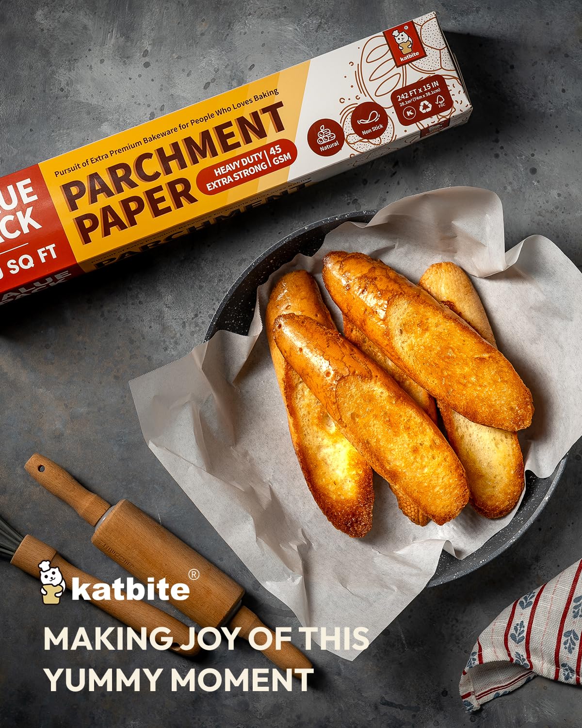 Katbite 2 Pack 15in x 242ft Parchment Paper Roll, 300 Sq. Ft Non-stick Baking Paper with Serrated Cutter, Perfect for Cooking, Air Fryer, Steaming, Bread - Value Pack - Image 2