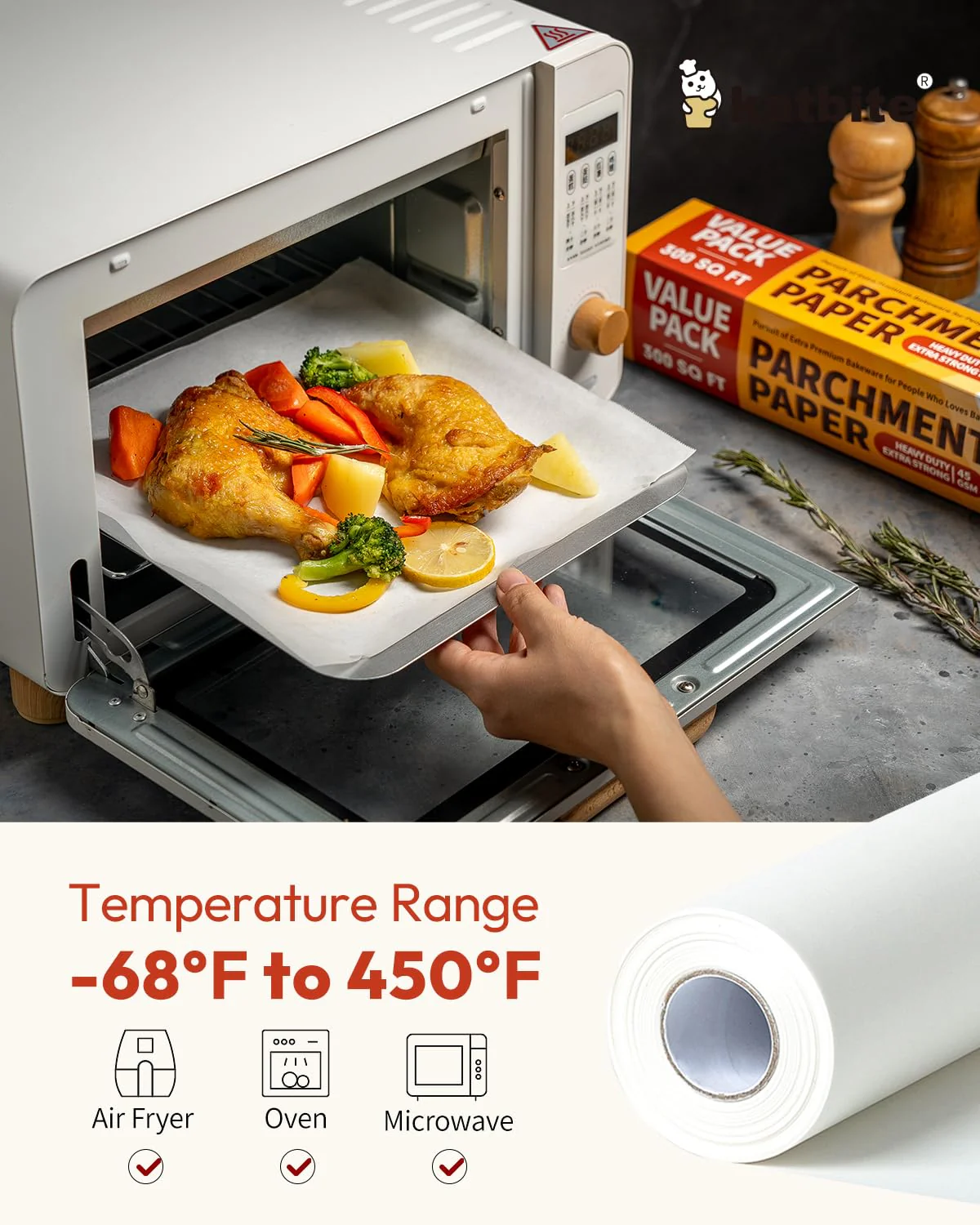 Katbite 2 Pack 15in x 242ft Parchment Paper Roll, 300 Sq. Ft Non-stick Baking Paper with Serrated Cutter, Perfect for Cooking, Air Fryer, Steaming, Bread - Value Pack - Image 4