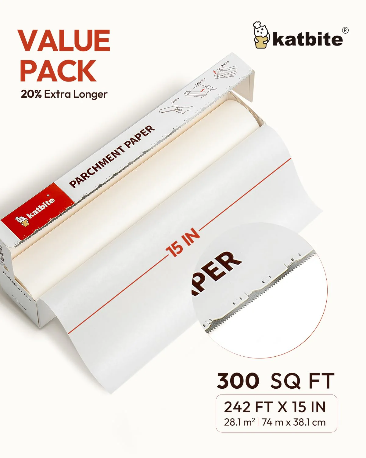 Katbite 2 Pack 15in x 242ft Parchment Paper Roll, 300 Sq. Ft Non-stick Baking Paper with Serrated Cutter, Perfect for Cooking, Air Fryer, Steaming, Bread - Value Pack - Image 7