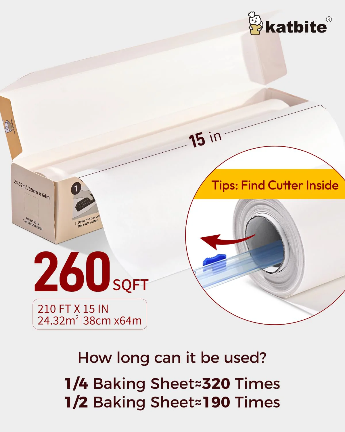 Katbite Parchment Paper Roll for Baking, 2 Pack of 15 in x 210 ft, Heavy Duty Cooking Paper for Baking Bread, Cookies, Non-stick for Oven, Air Fryer, Steamer, Heat Press with 2Pcs of Slide Cutter - Image 7
