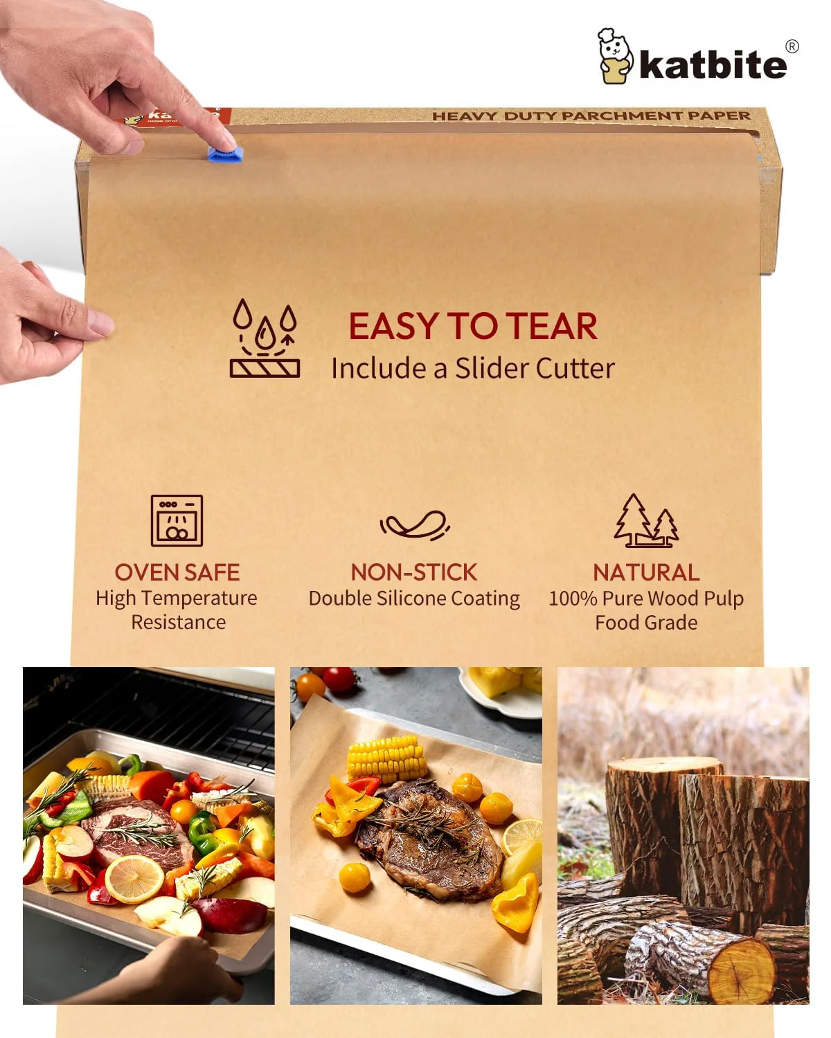 Katbite Unbleached Parchment Paper for Baking, 15 in x 210 ft, 260 Sq.Ft, Heavy Duty Baking Paper with Slide Cutter, Non-stick Brown Parchment Paper Roll for Cooking, Air Fryer, Steaming, Baking Bread - Image 4