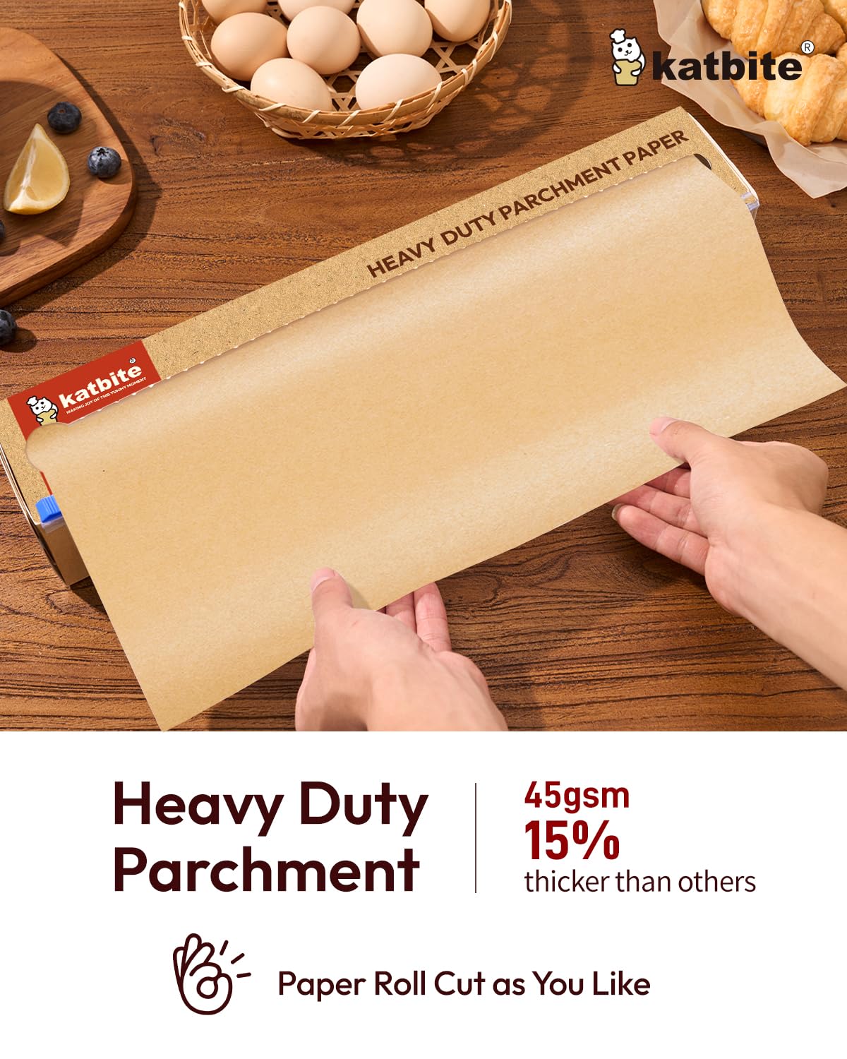 Katbite Unbleached Parchment Paper for Baking, 15 in x 210 ft, 260 Sq.Ft, Heavy Duty Baking Paper with Slide Cutter, Non-stick Brown Parchment Paper Roll for Cooking, Air Fryer, Steaming, Baking Bread - Image 7