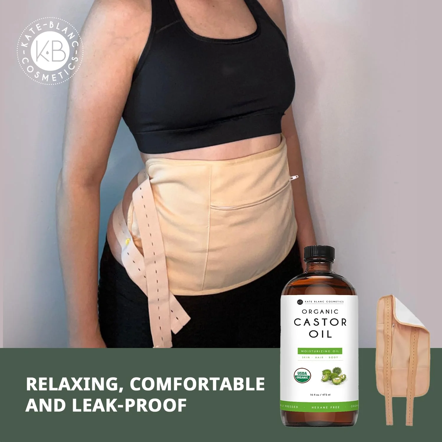 Kate Blanc Cosmetics Castor Oil Pack Wrap for Stomach & Belly (16oz Glass Bottle) Moisturize Body & Skin. Reusable, Adjustable, Comfortable Fit. - Image 2