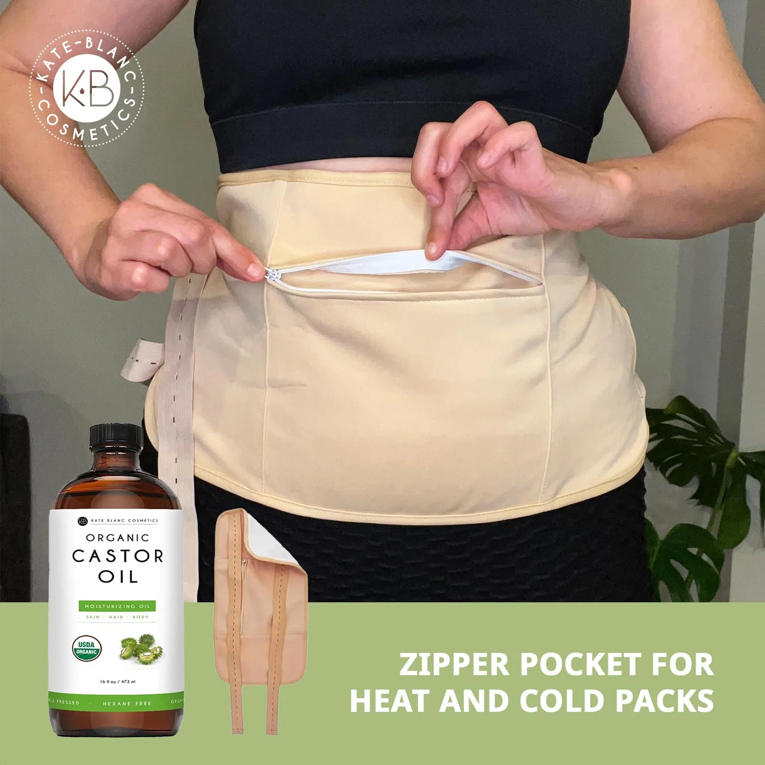 Kate Blanc Cosmetics Castor Oil Pack Wrap for Stomach & Belly (16oz Glass Bottle) Moisturize Body & Skin. Reusable, Adjustable, Comfortable Fit. - Image 3